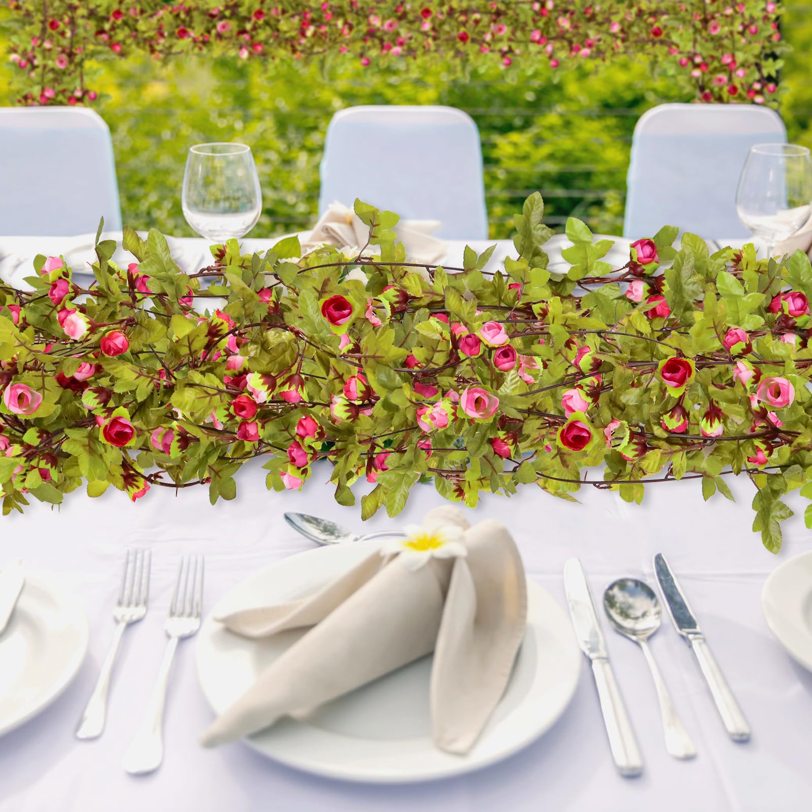 AirSun Artificial Rose Flower Garland - 2PCS 14.5FT Fake Vines with Rose Buds for Wedding, Home, Office & Party Decor | Perfect for Bedroom, Garden & Indoor Hanging Decorations