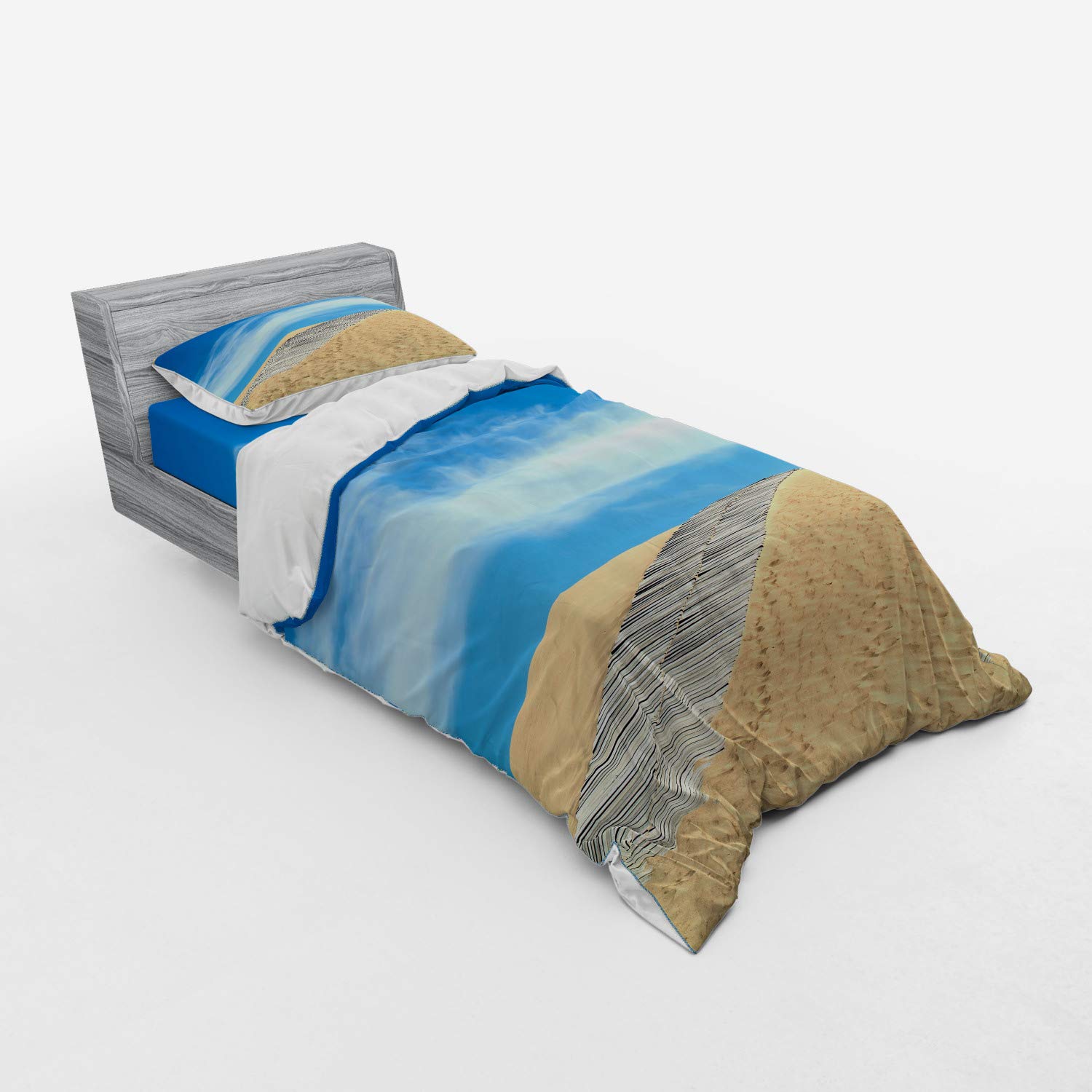Ambesonne Beach Bedding Set - 3 Piece Duvet Cover with Sham & Fitted Sheet, Twin XL Size, Cream Blue Wooden Path Over Sand Dune Design | Coastal Decor for Bedroom, Vacation Home or Beach House Retreat