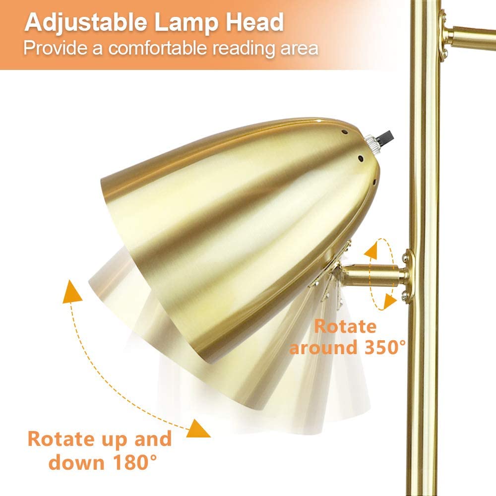 Modern Standing Lamp - Adjustable LED Floor Light for Living Room, Bedroom, Office & Study | Tall Torchiere Tree Design with 3 Lights (Includes 3x9W LED Bulbs) | Perfect for Reading, Ambient Lighting & Home Decor in Gold Finish