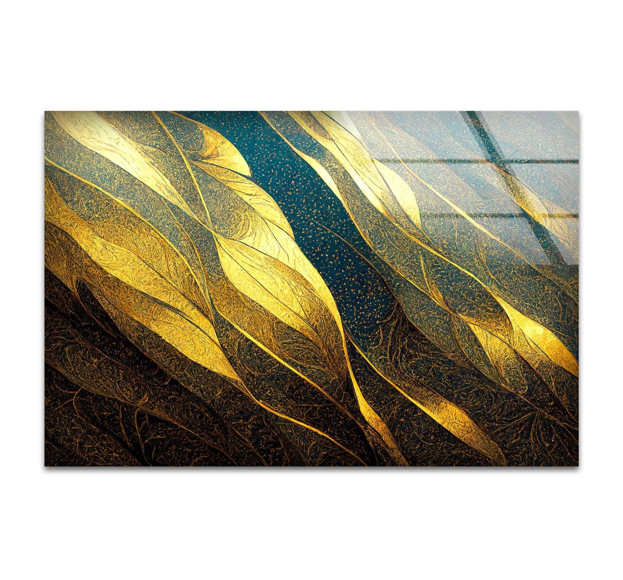 Abstract Decorative Golden Elegant Glass Wall Art - Modern Home Decor for Living Room, Bedroom & Office | Handcrafted Glass Panel for Stylish Interior Design
