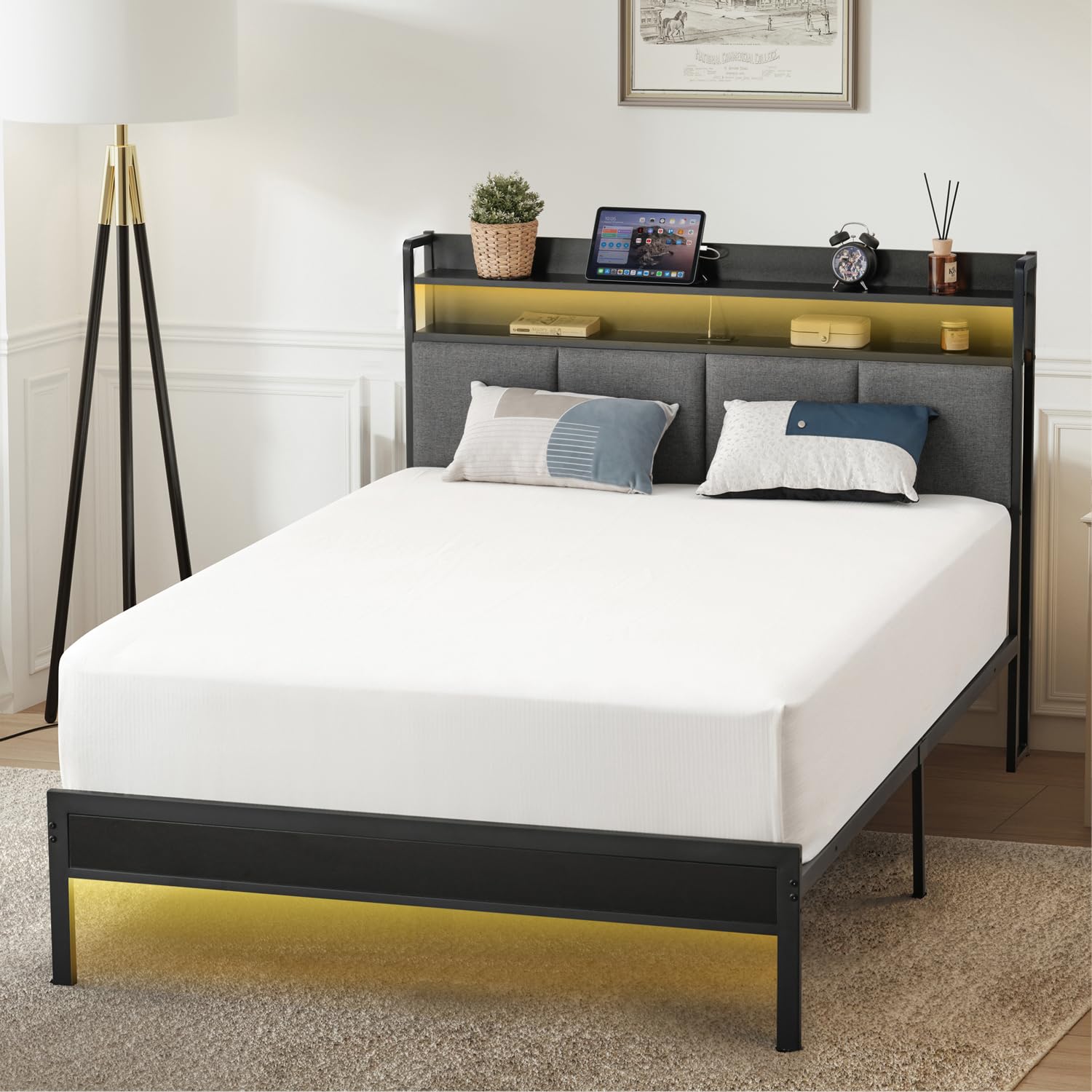 Z-hom Upholstered Twin Bed Frame with LED Headboard - Modern Metal Platform Bed with USB Charging Ports & Storage Shelves, Noise-Free Easy Assembly Bedroom Furniture for Teens, Dorms & Small Spaces