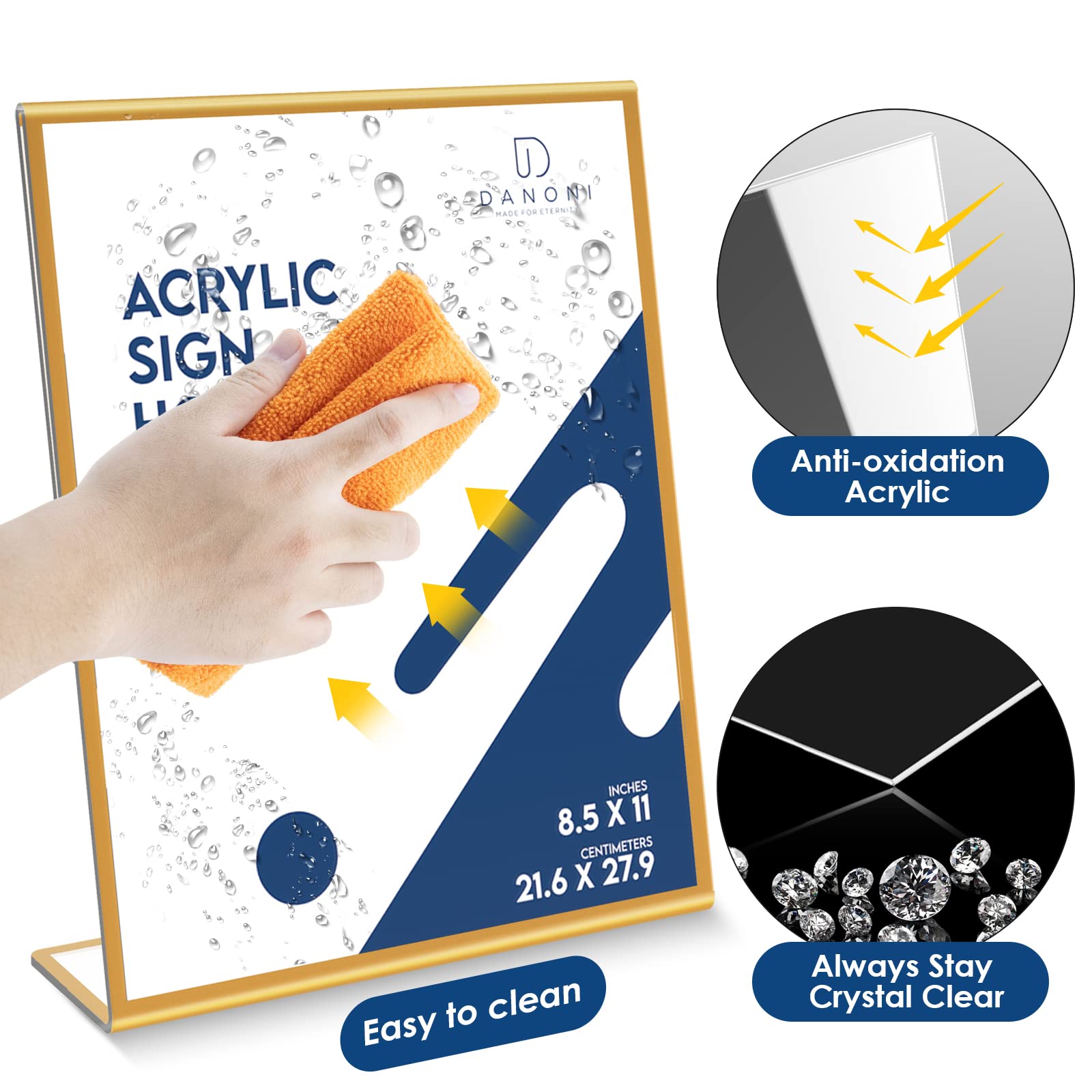 Acrylic Gold Sign Holders - 6 Pack 8.5x11 Inch Vertical Slant Back Flyer Document Brochure Display Stands for Office Desktop, Restaurant Menu, Retail Counter & Event Signage - Plastic Tabletop Paper Holders
