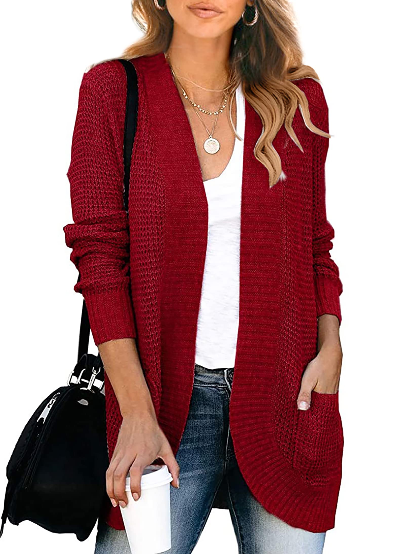 KIRUNDO 2023 Fall Winter Women's Open Front Long Sleeve Loose Knit Cardigan Sweater with Pockets - Cozy Waffle Chunky Knit for Casual Outfits & Layering