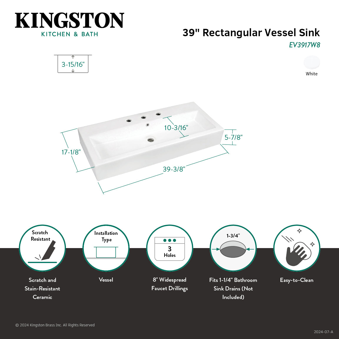 Anne EV3917W8 39-Inch White Ceramic Rectangular Vessel Bathroom Sink with 8-Inch Faucet Centers - Perfect for Modern Bathroom Vanities and Powder Rooms
