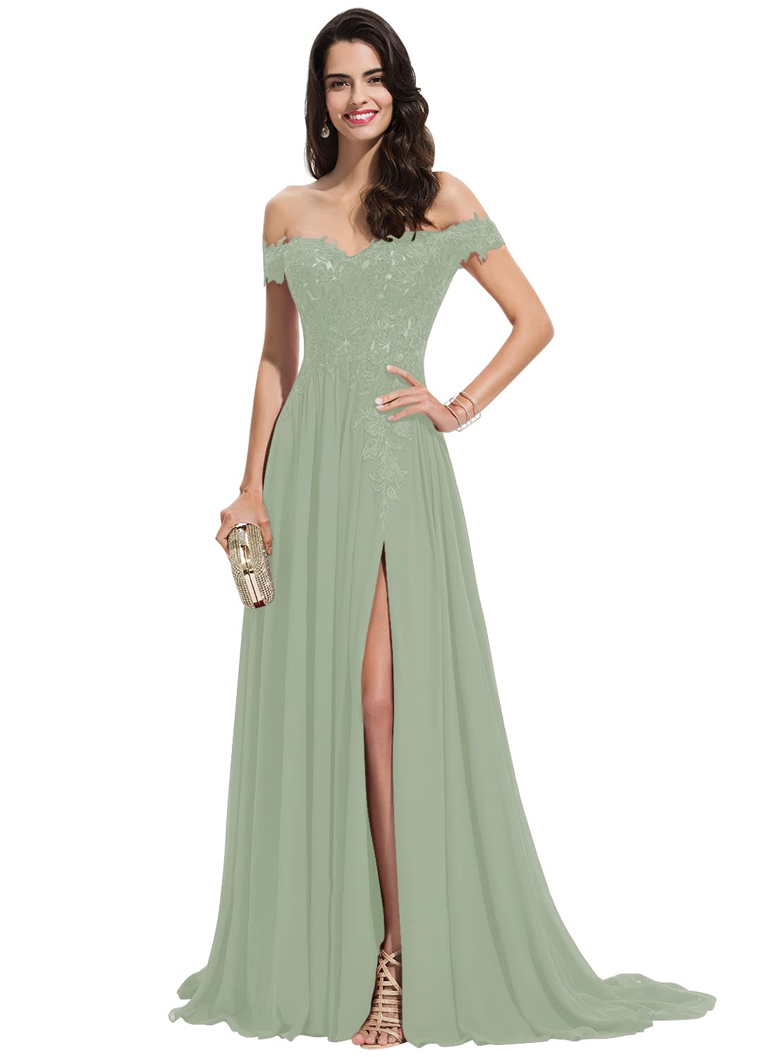 Miao Duo Women's Elegant Off-The-Shoulder Long Prom Dress with High Slit & Lace Applique - Chiffon Formal Evening Gown for Homecoming, Wedding Guest, Black Tie Events (Style MD8542)