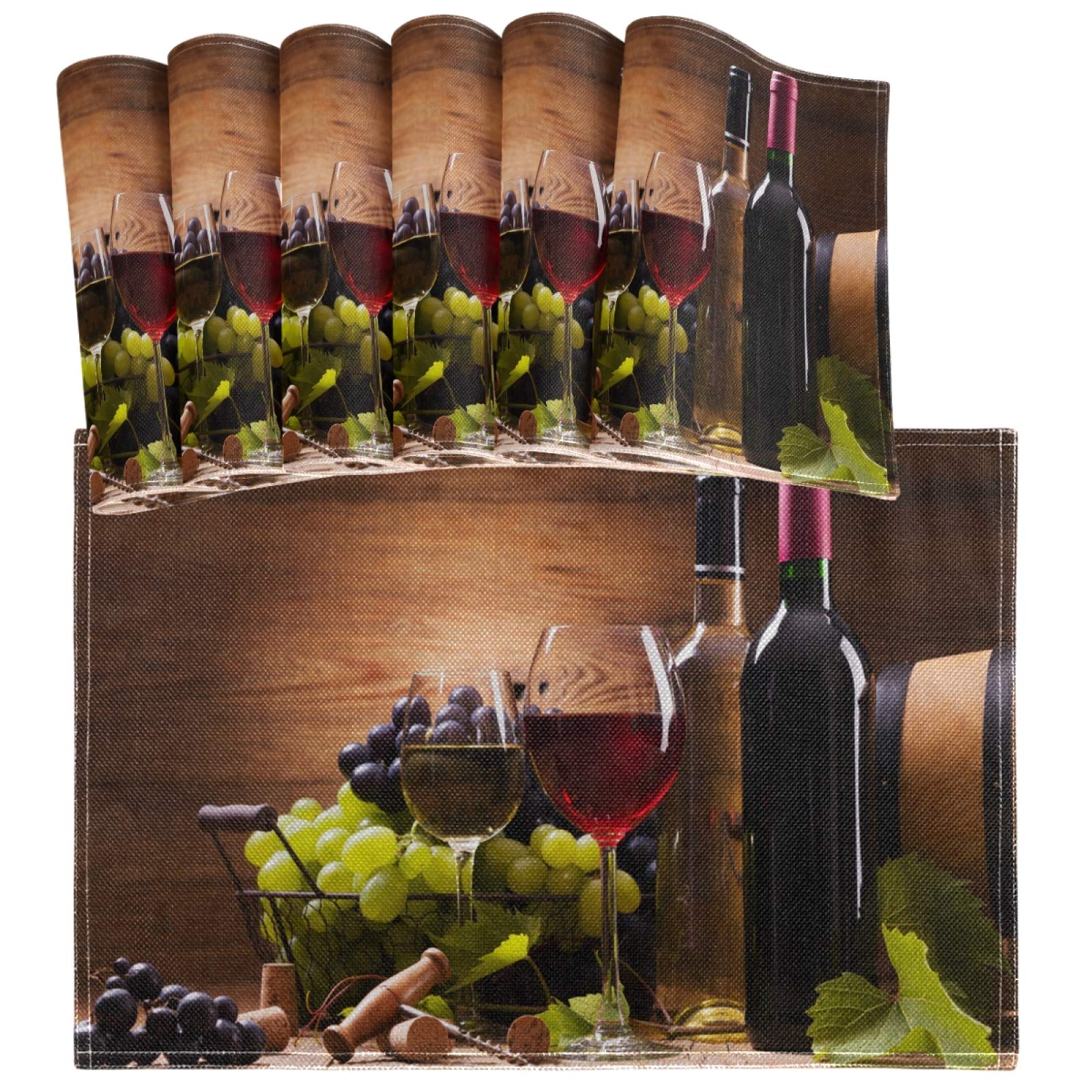 Premium Red & White Wine Glass Placemats Set of 6 - Natural Grape Wood Heat-Resistant, Washable Table Mats for Dining Table Decor | Elegant Kitchen & Dinner Party Accessories