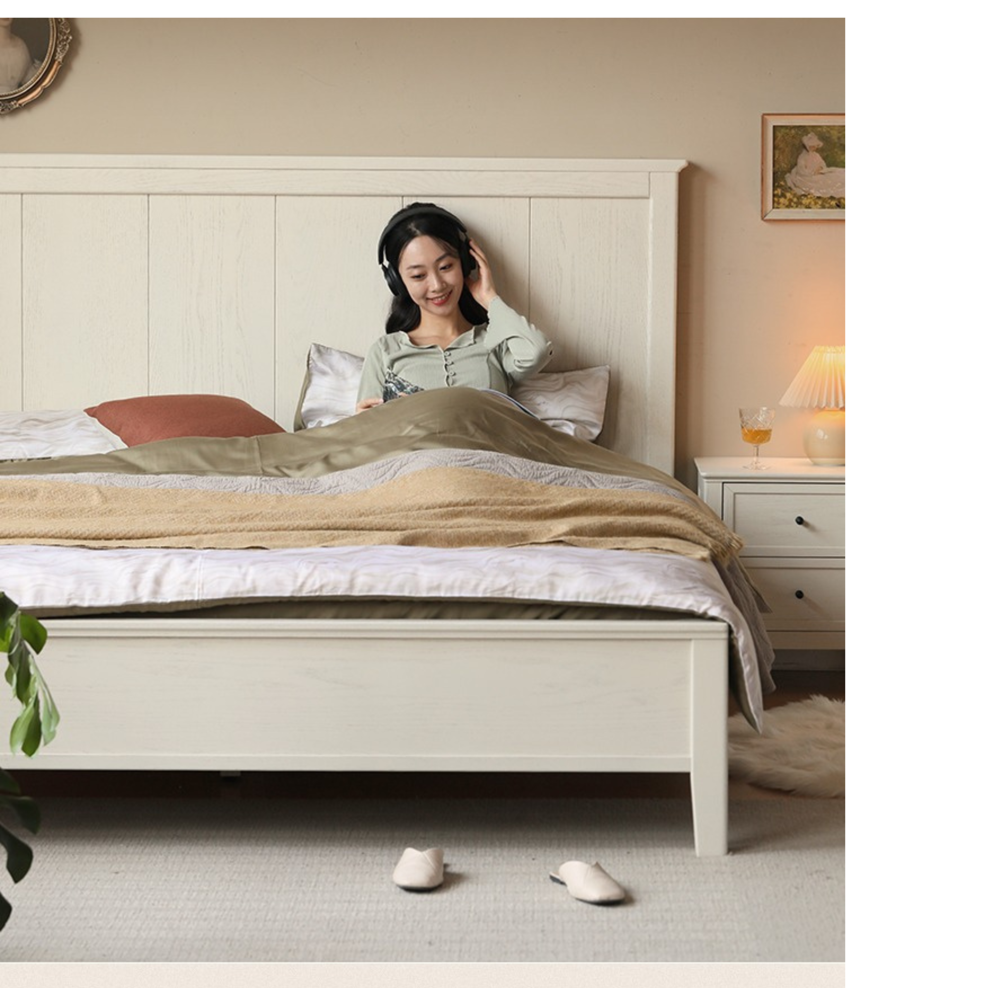 Solid Oak Wood High Headboard Full Size White Bed - American Style Bedroom Furniture for Master Bedroom & Guest Room Decor