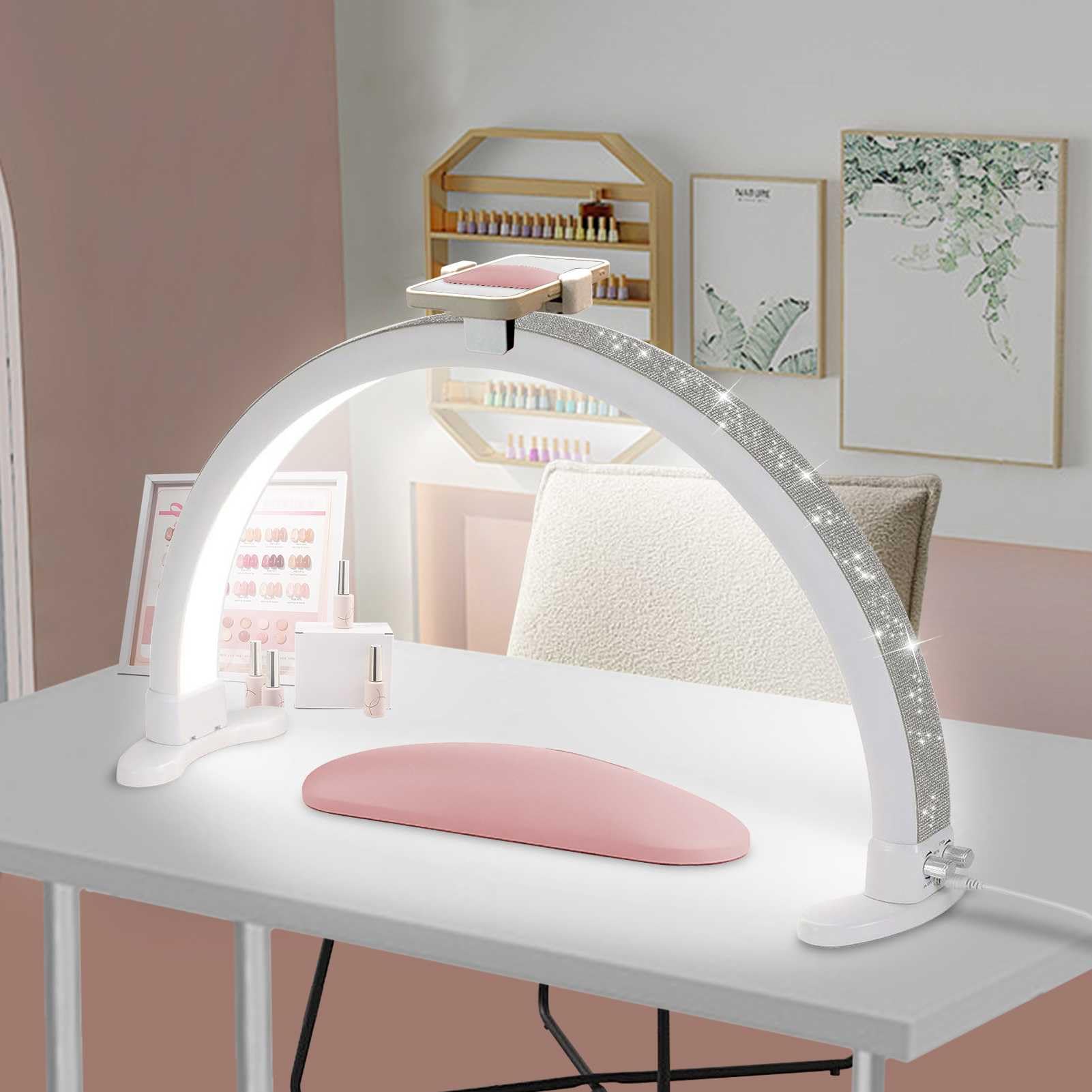 Half Moon Nail Lamp with Phone Holder - 29 Inch Adjustable Brightness (2700K-6000K) 45W LED Manicure Light with Rhinestones for Nail Technicians - Perfect for Salon, Home Nail Art & Gel Polish Curing