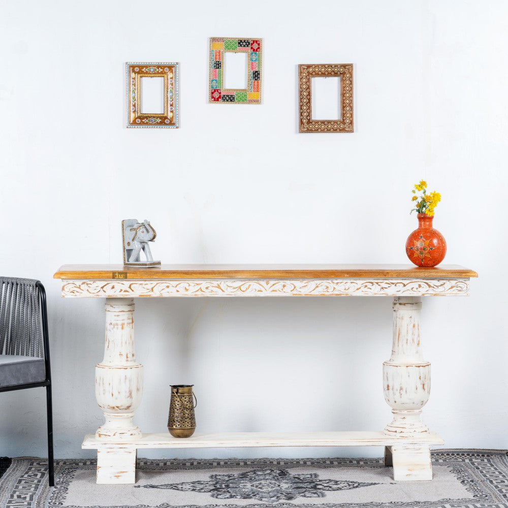 French Provincial Style White Wooden Pillar Console Table - Elegant Entryway, Hallway, or Living Room Decor