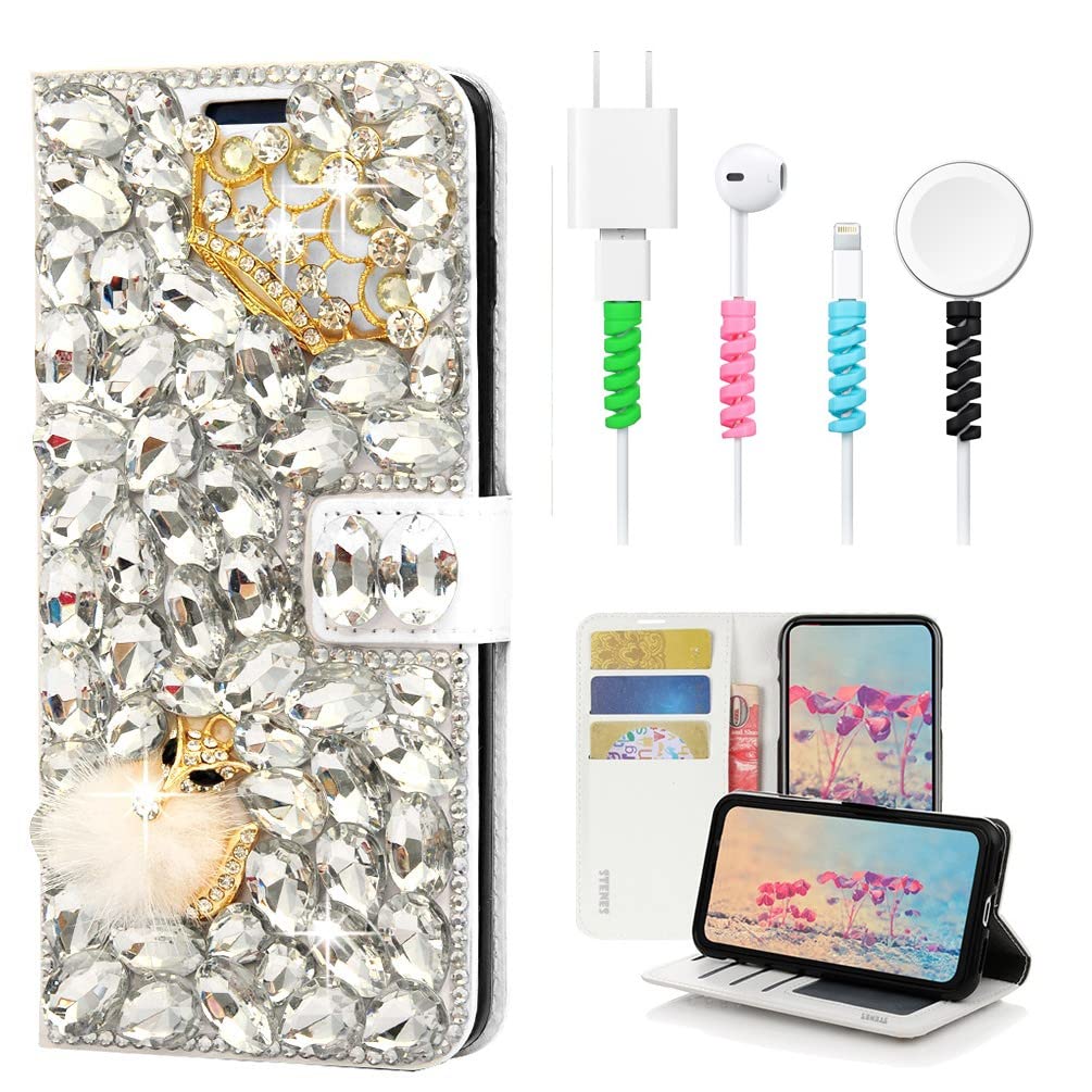 STENES Bling Wallet Phone Case for Samsung Galaxy A30s - 3D Crystal Crown Fox Magnetic Leather Cover with Card Holder & Cable Protector - Stylish Protective Case for Women (4 Pack, White) - Perfect for Parties, Travel & Everyday Use