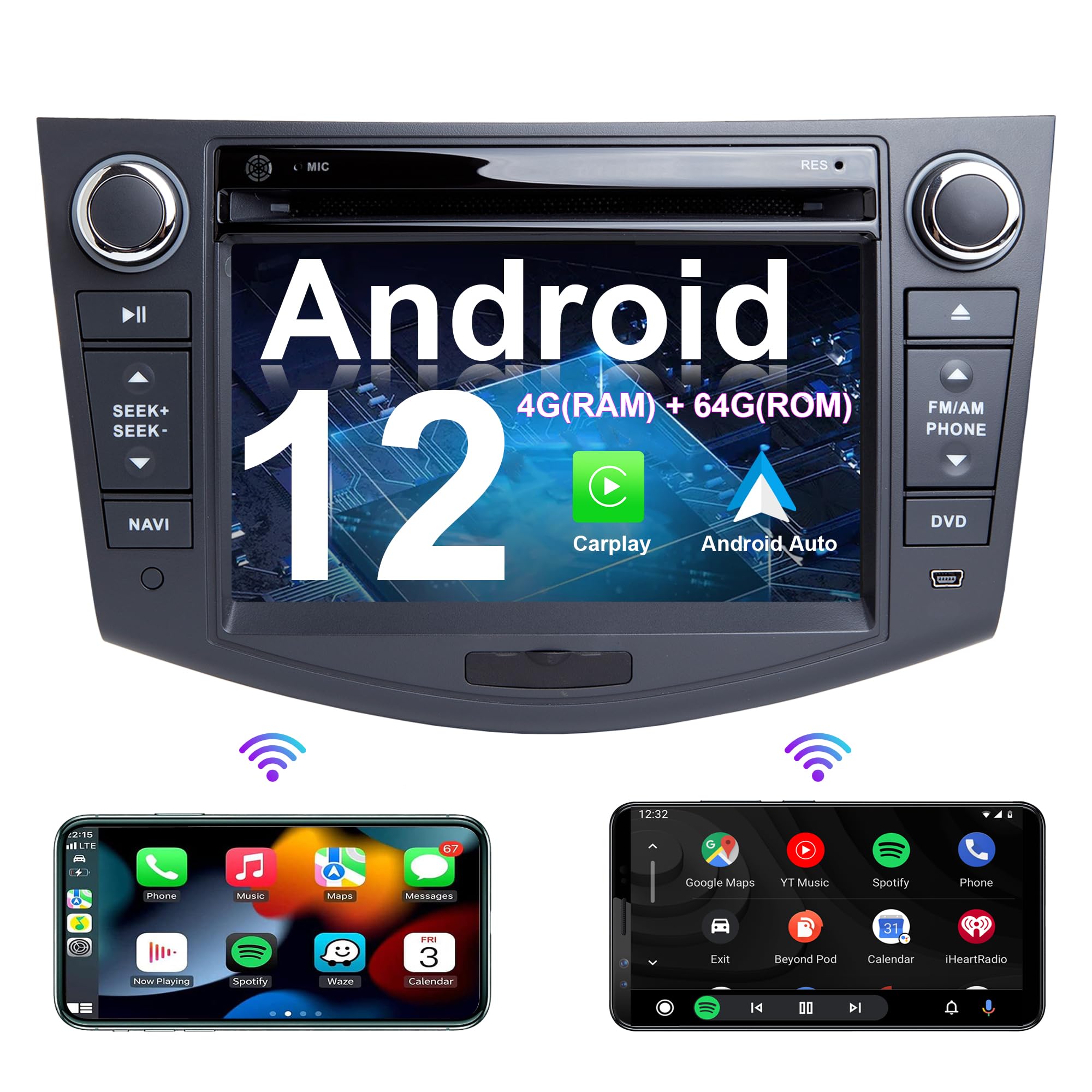 Toyota RAV4 2006-2012 Android 12 Car Stereo with GPS Navigation, Apple CarPlay, 4K Video, DVD Player - 7 Inch Touchscreen, Octa Core 4GB RAM 64GB ROM - Perfect for Road Trips & Daily Commutes