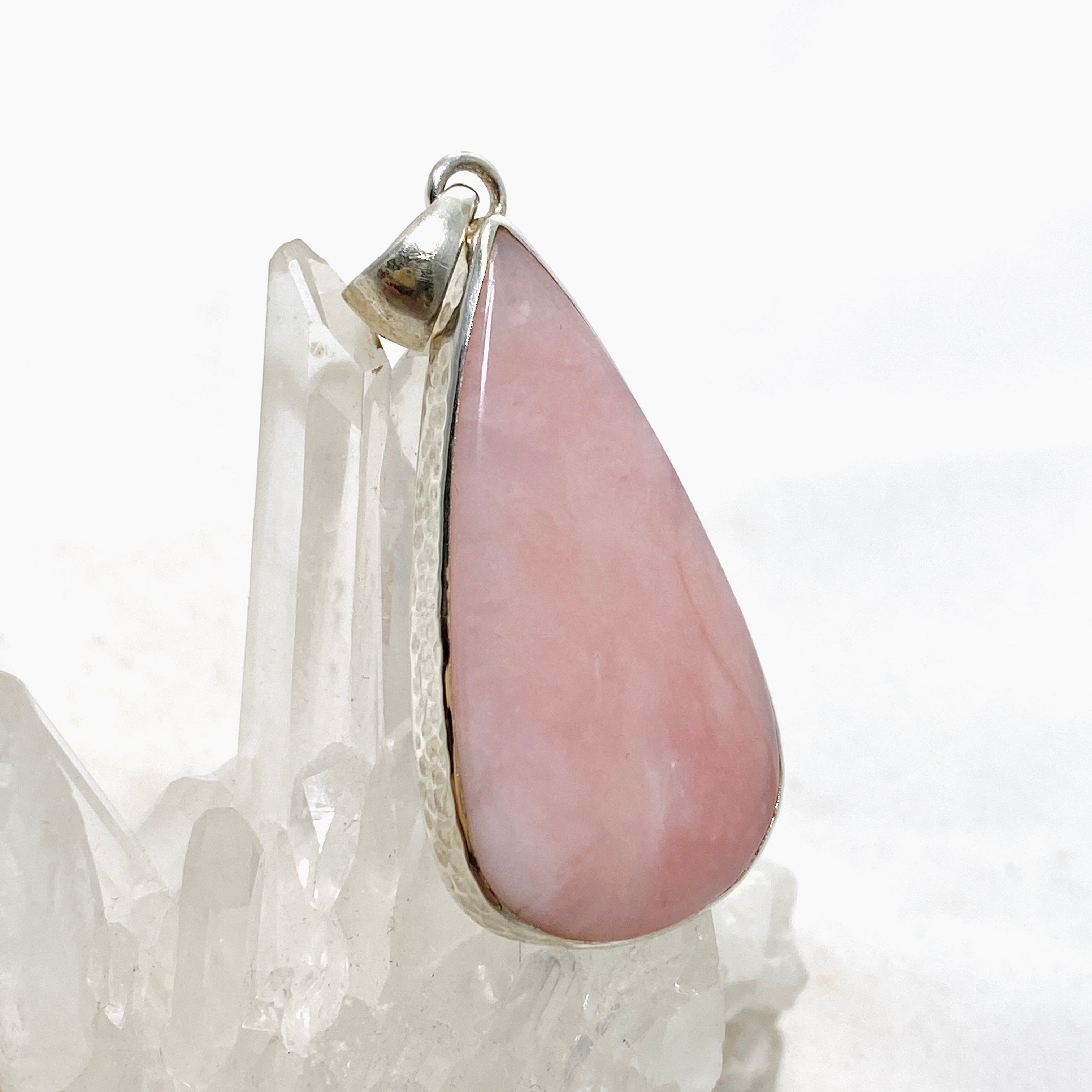 Natural Pink Opal Teardrop Cabochon Pendant in Handcrafted Hammered Sterling Silver Setting KPGJ4670 | Elegant Boho Jewelry for Women, Perfect for Everyday Wear & Special Occasions
