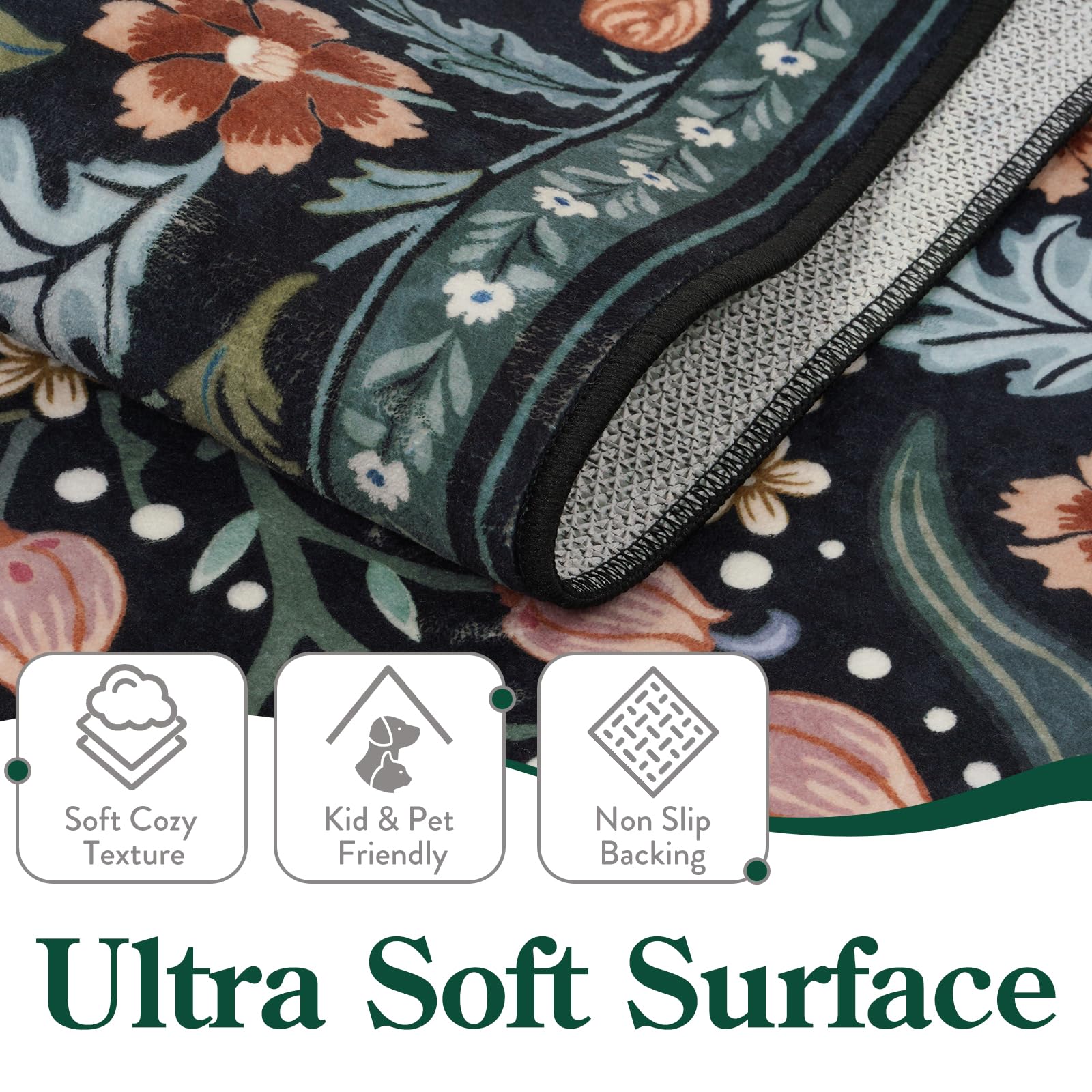 Premium Moynesa Floral Washable Rug 8x10 - Soft Boho Area Rug for Living Room, Bedroom, Dining Room & Office - Non-Slip Ultra Thin Floor Carpet in Black - Perfect for Home Decor, Nursery & High-Traffic Areas
