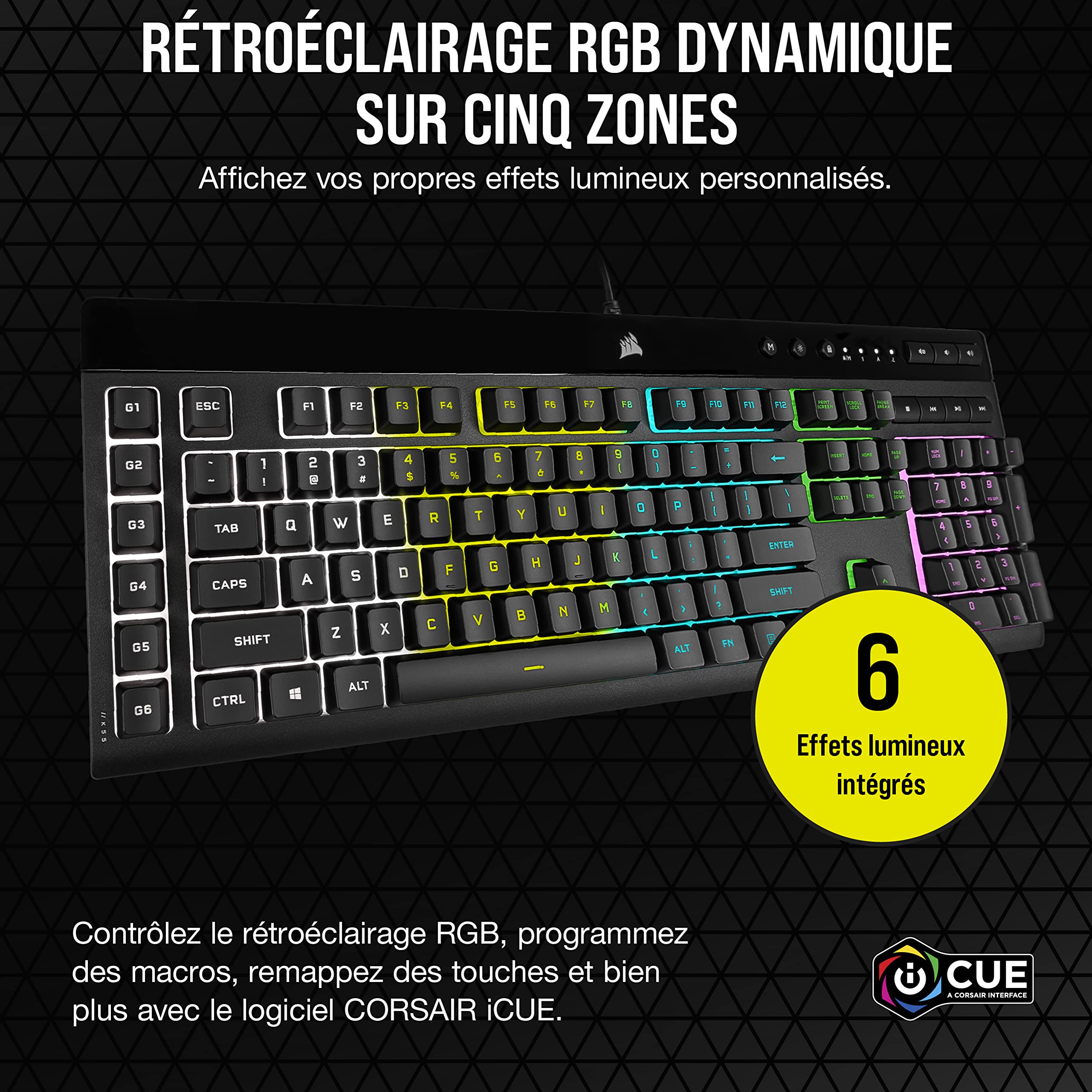 CORSAIR K55 RGB PRO Wired Gaming Keyboard – Membrane Keys, IP42 Dust & Splash Resistant – 6 Dedicated Macro Keys, Elgato Integration – iCUE Compatible – AZERTY FR Layout – for PC, Mac, Xbox – Black – Perfect for Gaming, Streaming & Office Work