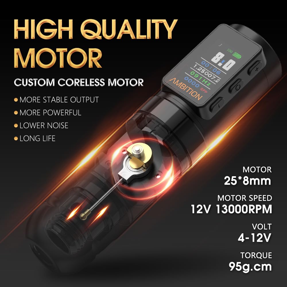 Ambition Soldier Max Rotary Tattoo Machine Gun - Professional Cordless Tattoo Pen with 2400mAh Battery, Billing Function & Stabilizing System - Ideal for Tattoo Artists & Body Art Professionals (Home Studio & Professional Tattoo Parlor Use)