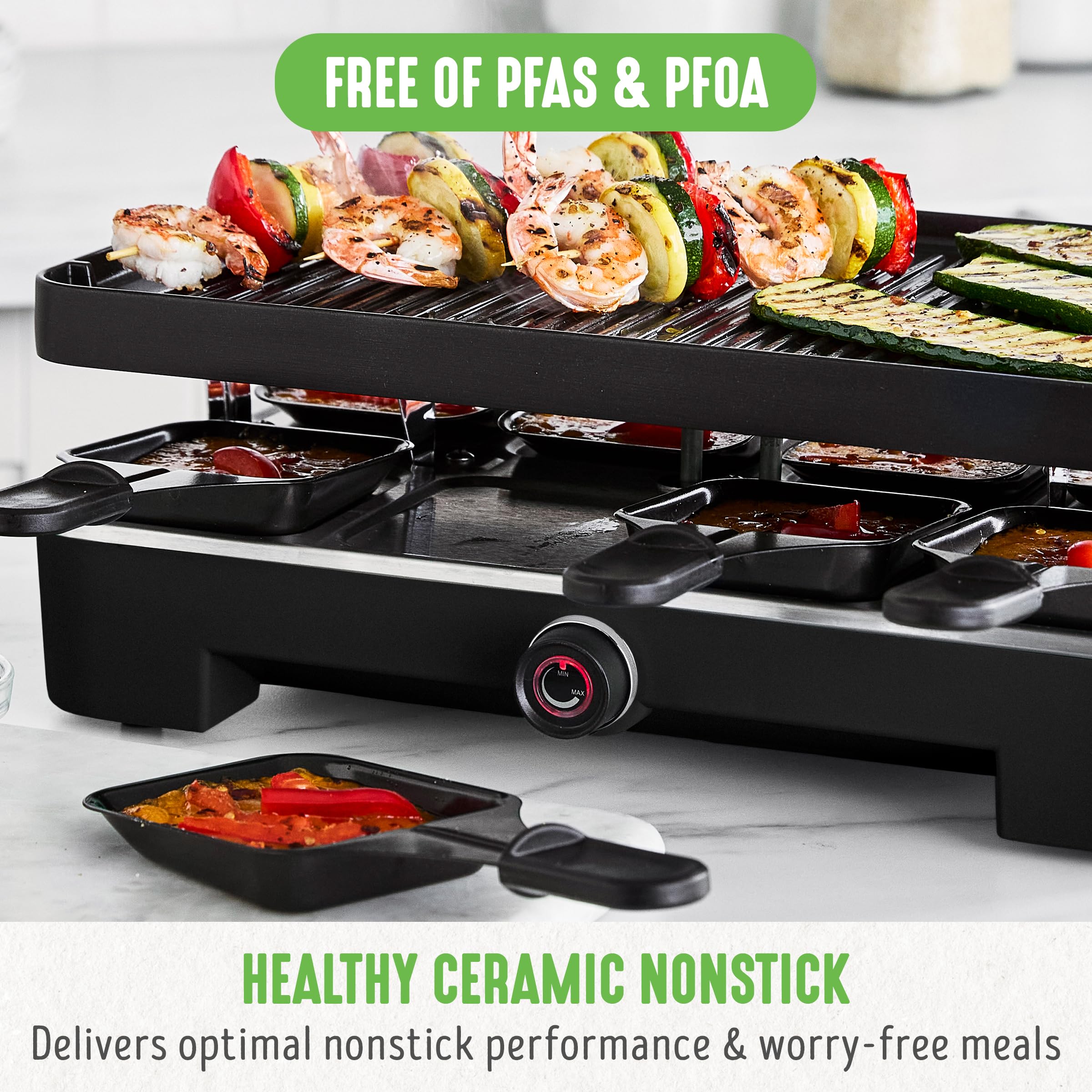 GreenLife Raclette Indoor Tabletop Grill - Healthy Ceramic Nonstick 2-in-1 Grill & Griddle with 8 Square Pans, Adjustable Temp Control & Indicator Light | PFAS-Free Black Electric Grill for Family Gatherings, Dinner Parties & Cozy Nights