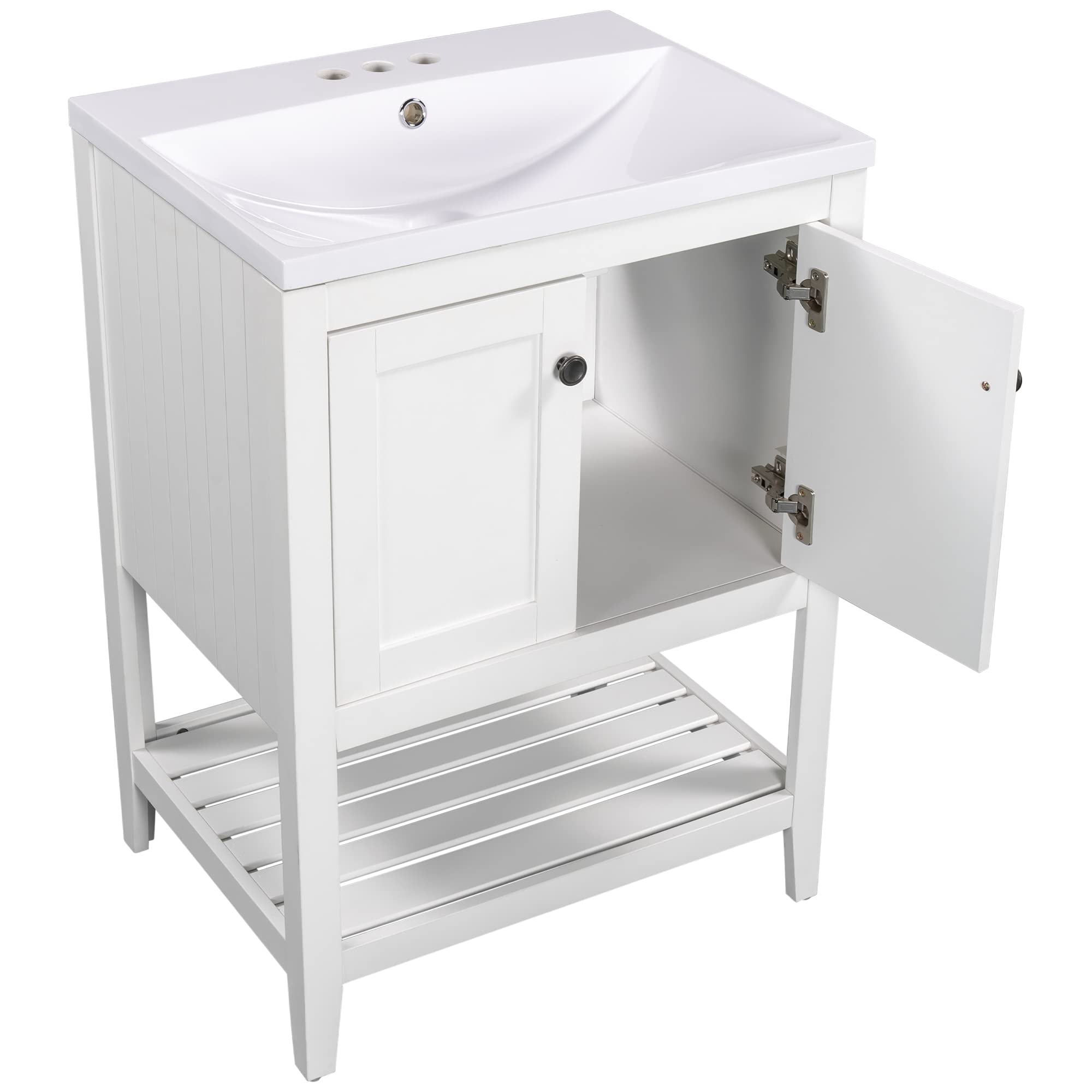 24 Inch White Modern Freestanding Bathroom Vanity with Undermount Ceramic Sink - Two Door Storage Cabinet with Open Shelf for Small Bathrooms | Space-Saving Bathroom Furniture for Apartments & Powder Rooms