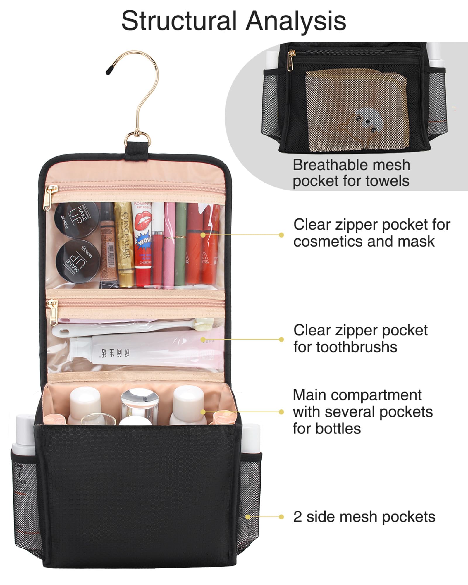 Relavel Waterproof Hanging Toiletry Bag for Travel - Compact Makeup Organizer with Multiple Compartments for Women & Men - Perfect for Gym, Shower, Camping and Business Trips - Black Travel Wash Bag