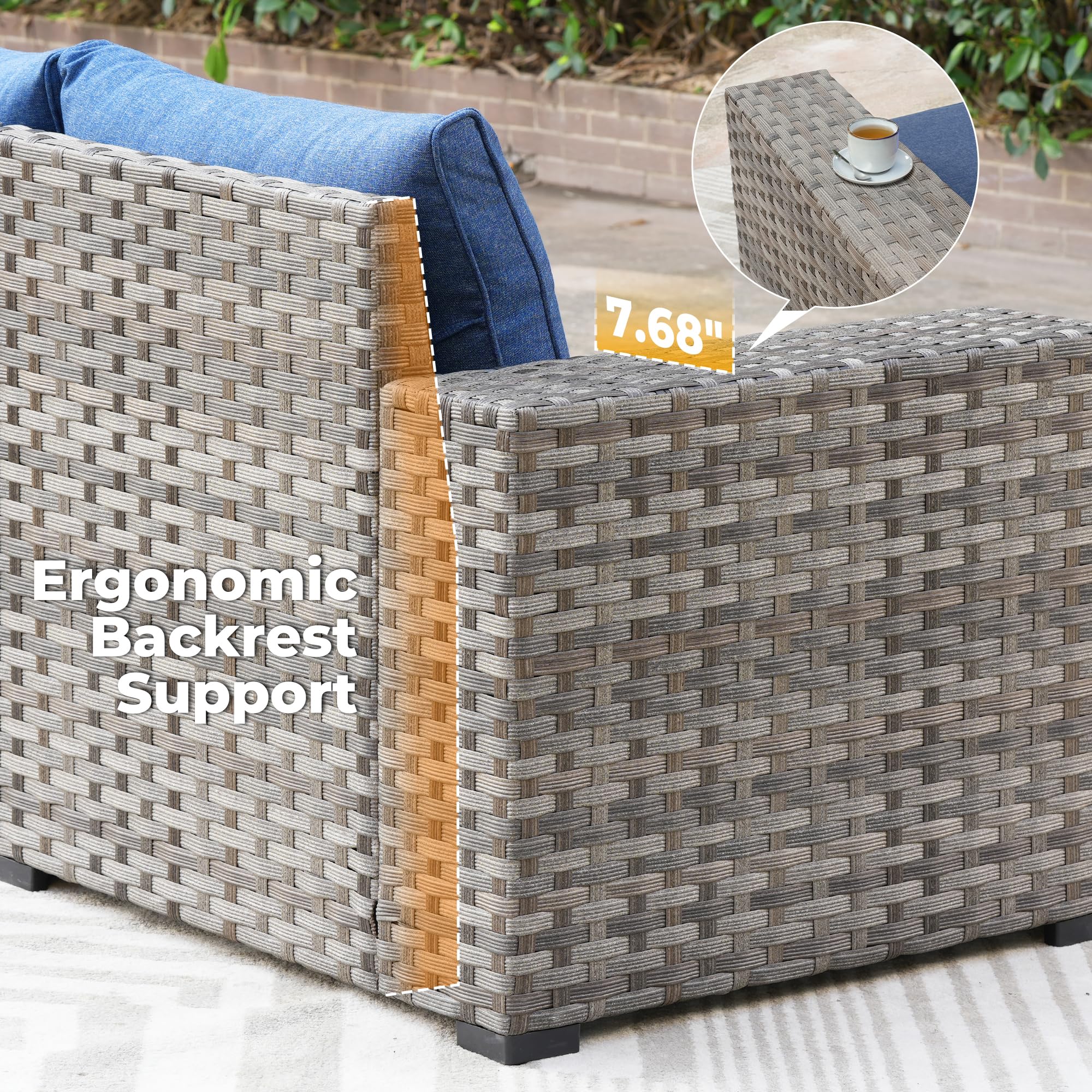 6-Piece Outdoor Patio Furniture Set - Modern Modular Wicker Rattan Sectional Sofa with Deep Seats & Comfy Cushions in Denim Blue - Perfect for Backyard, Garden, Poolside & Deck Relaxation