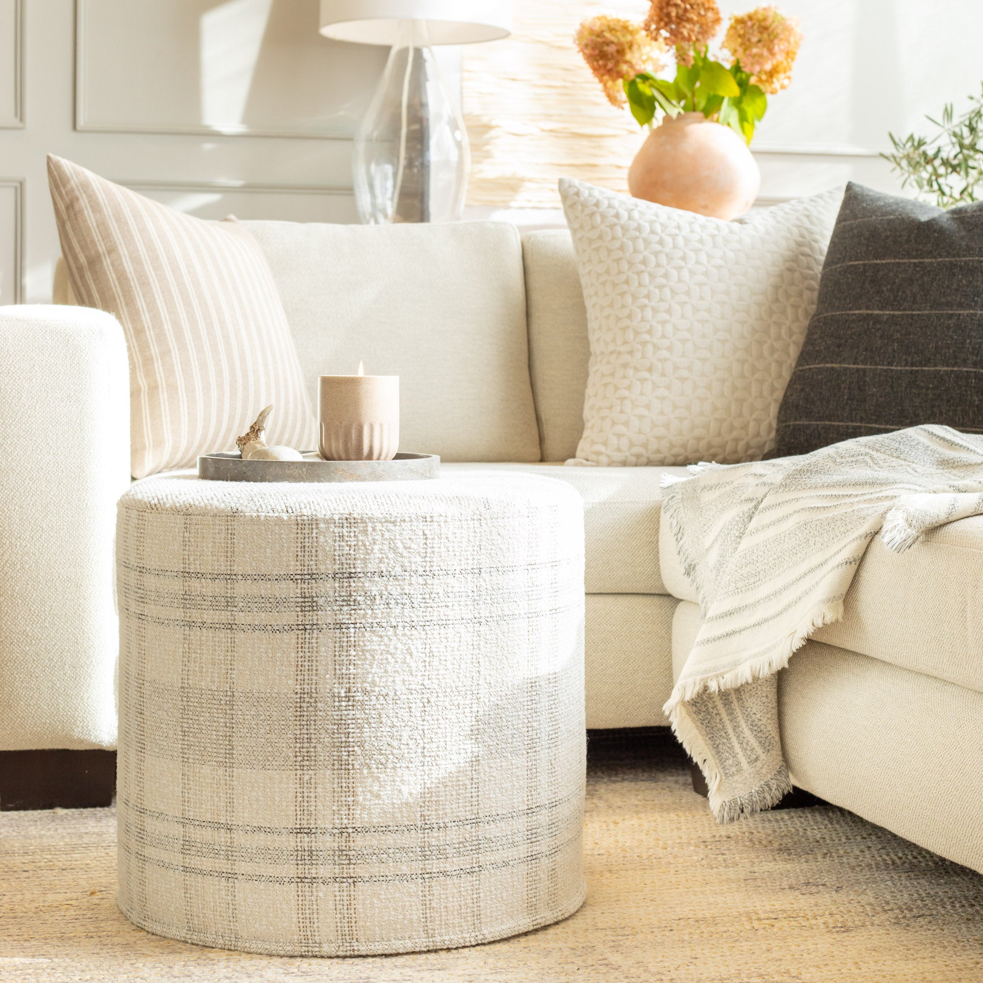 Hugo 18x16 Round Ottoman with Salt & Pepper Fabric - Perfect for Living Room, Bedroom or Office Footrest & Extra Seating
