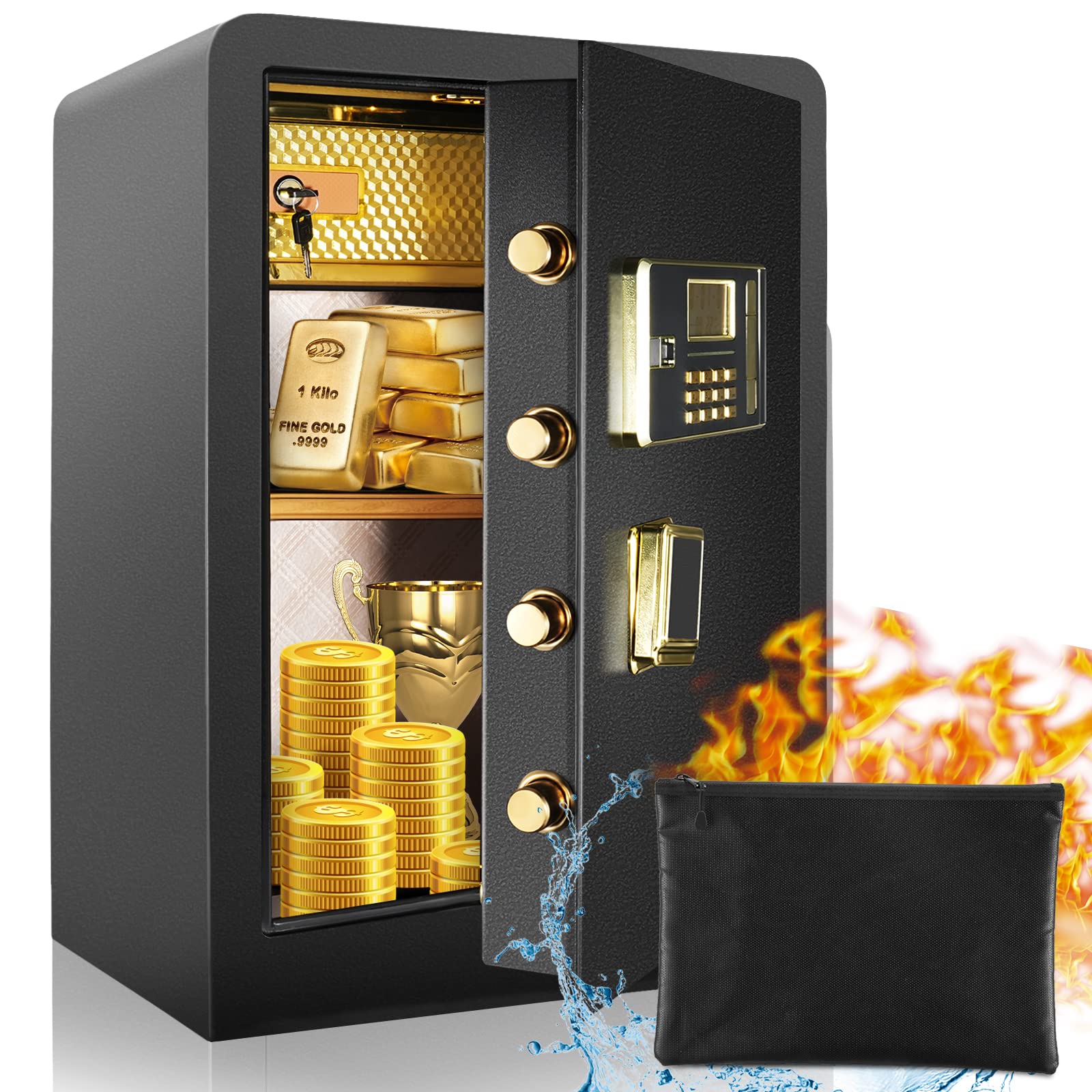 DIOSMIO 4.2Ct Large Fireproof Waterproof Safe Box with HD LCD Screen - Home & Office Security Safe for Cash, Pistols, Files - Features Double Lock System, External Battery Box & Key Hook (Black) | Perfect for Home Security, Business Cash Storage & Document Protection