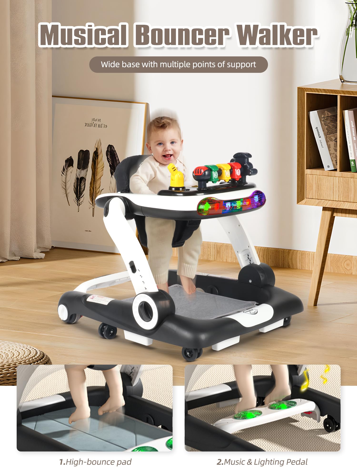 6-in-1 Musical Baby Walker with LED Lights & Wheels - Ergonomic Backrest & Non-Slip Foot Pads - Activity Center for Boys & Girls 6-18 Months (Black) - Perfect for Learning to Walk, Playtime & Developmental Stimulation at Home