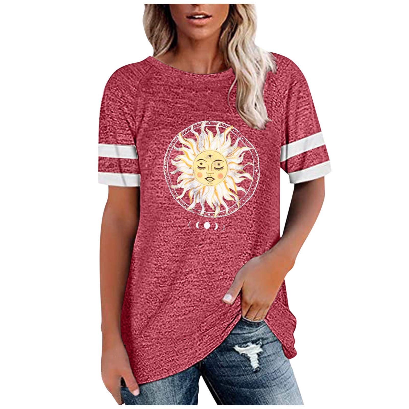 Sunflower Print Crewneck T-Shirt for Women - Plus Size Summer & Workout Tops | Casual Wear, Gym & Outdoor Activities