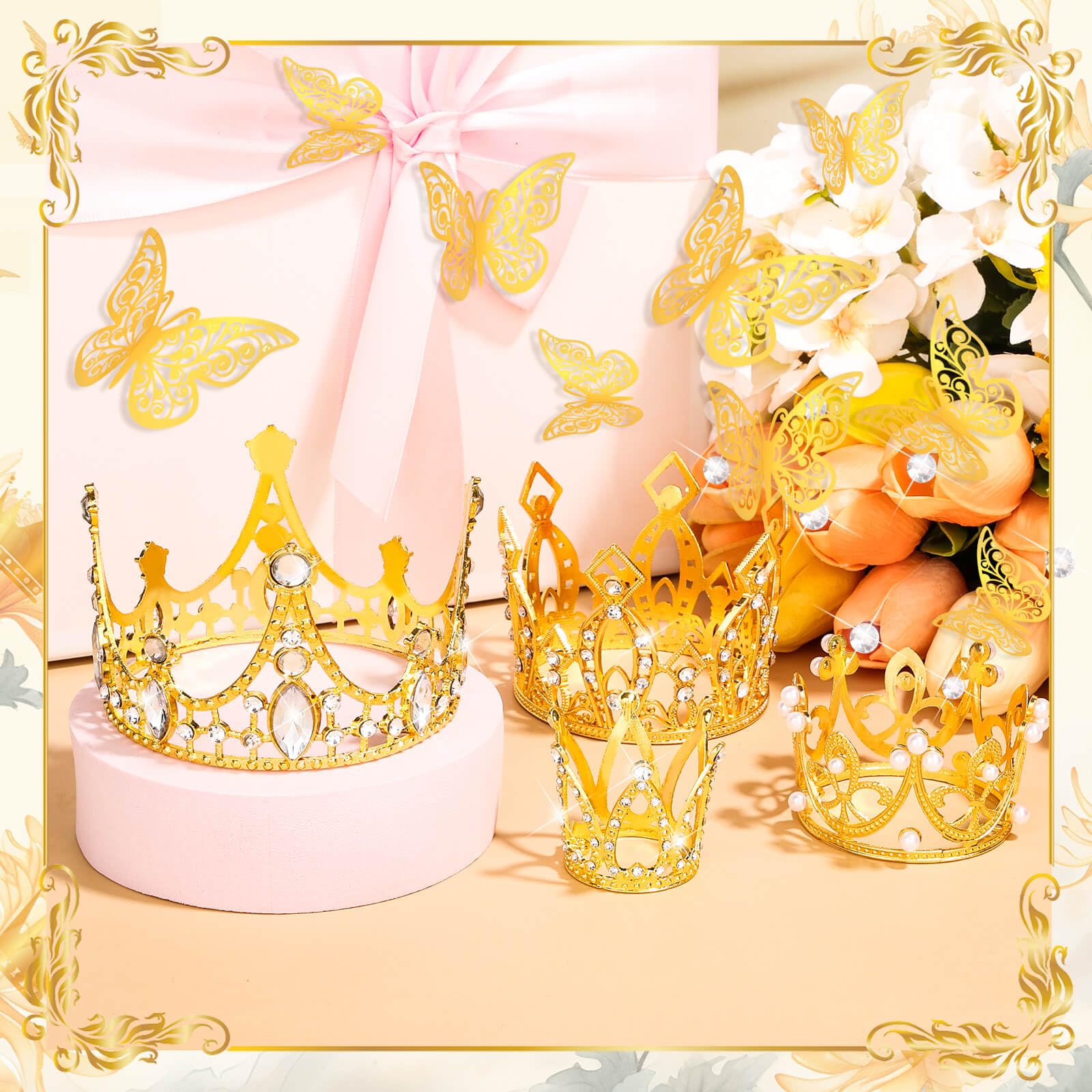 Premium Gold Bouquet Crowns Set - 4PCS Floral Crowns, 12PCS Butterfly Decorations & 50PCS Flower Pins for Wedding Bouquets, Birthday Arrangements, Baby Shower Flowers - Elegant Floral Accessories for Special Occasions
