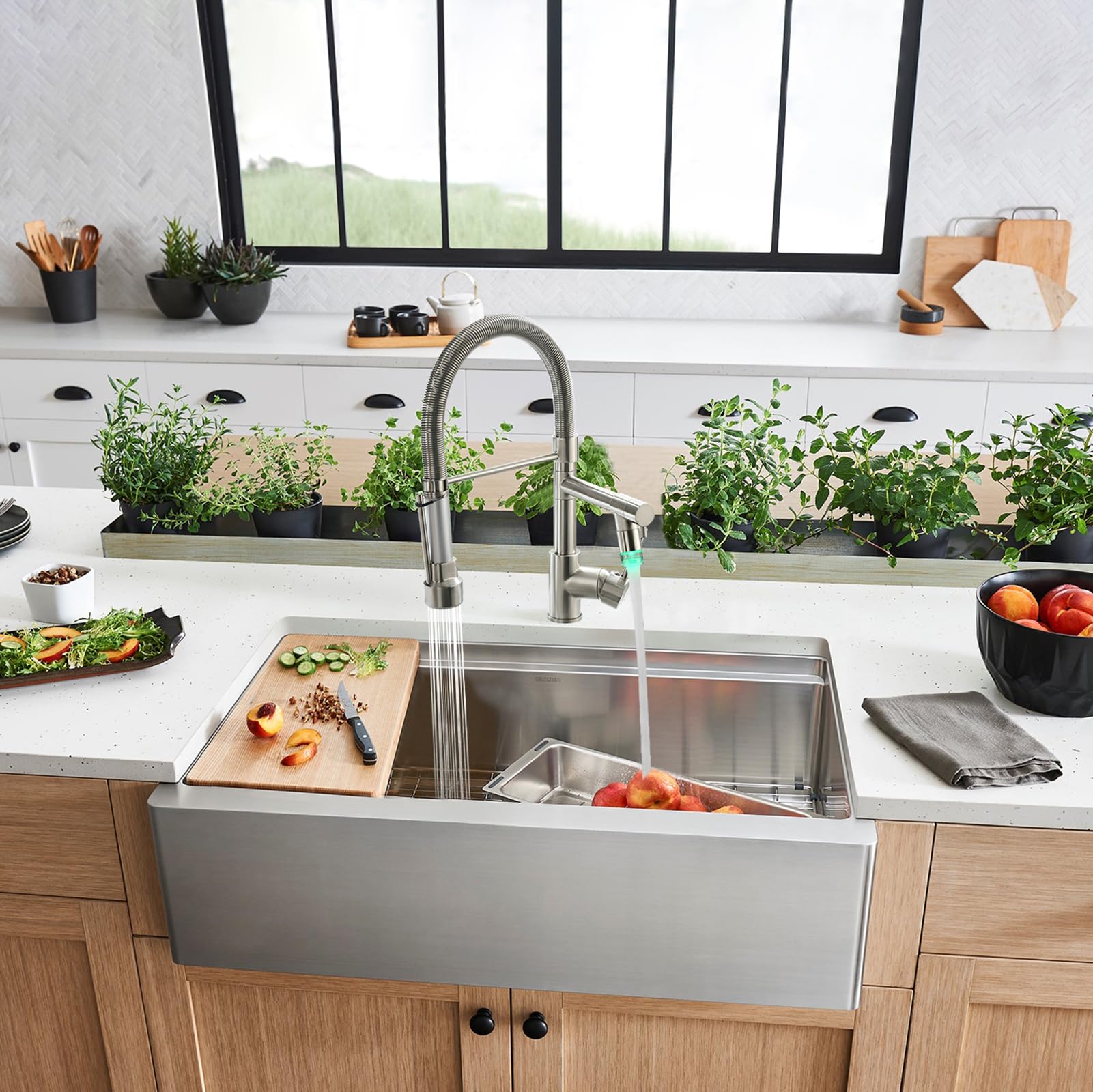 Fapully Commercial Single Handle Kitchen Faucet with Pull Down Sprayer & LED Light - Brushed Nickel Finish for Modern Kitchens and Restaurants