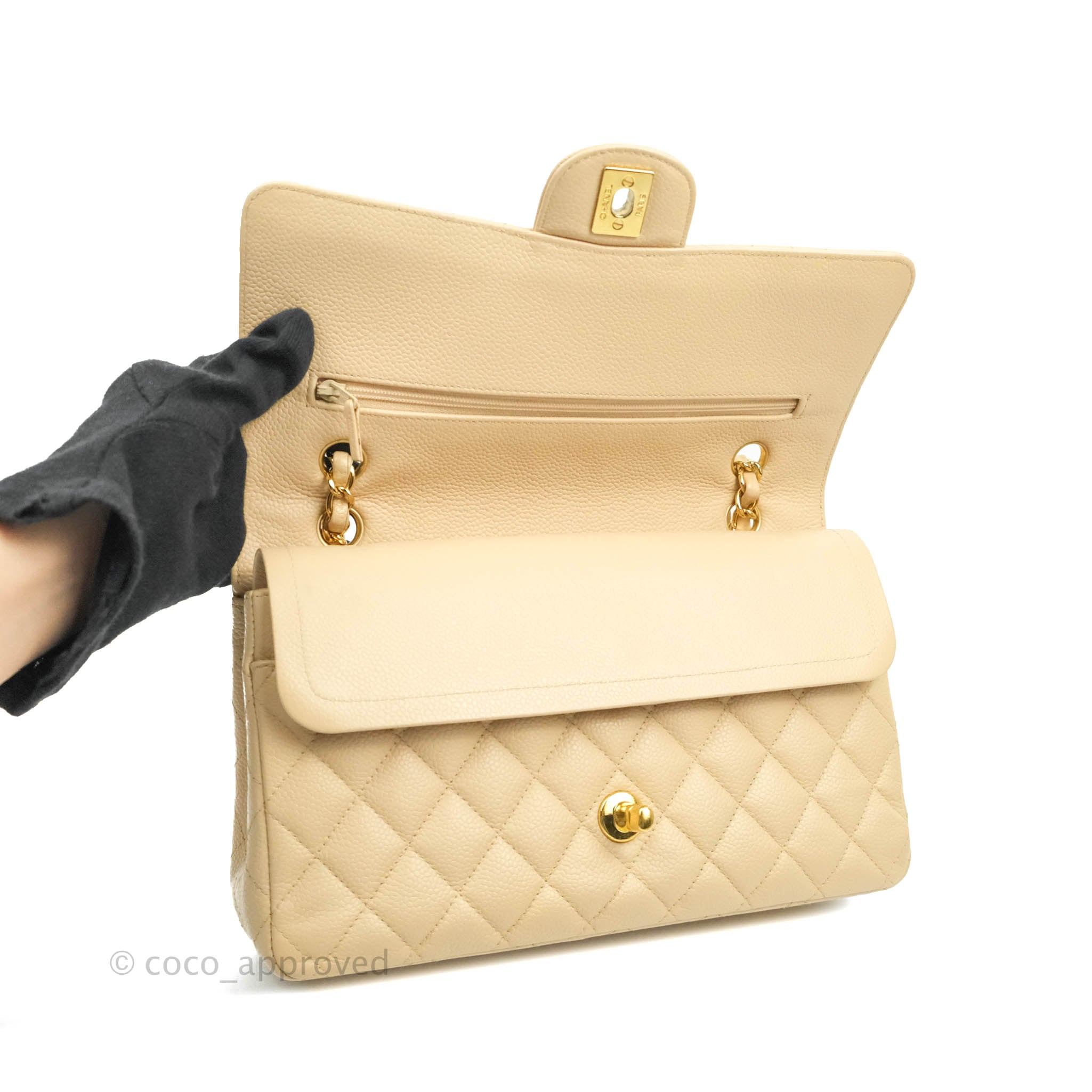 Chanel Classic Medium Double Flap Bag in Beige Caviar Leather with Gold Hardware - Luxury Designer Handbag for Women, Perfect for Work, Evening Events & Special Occasions