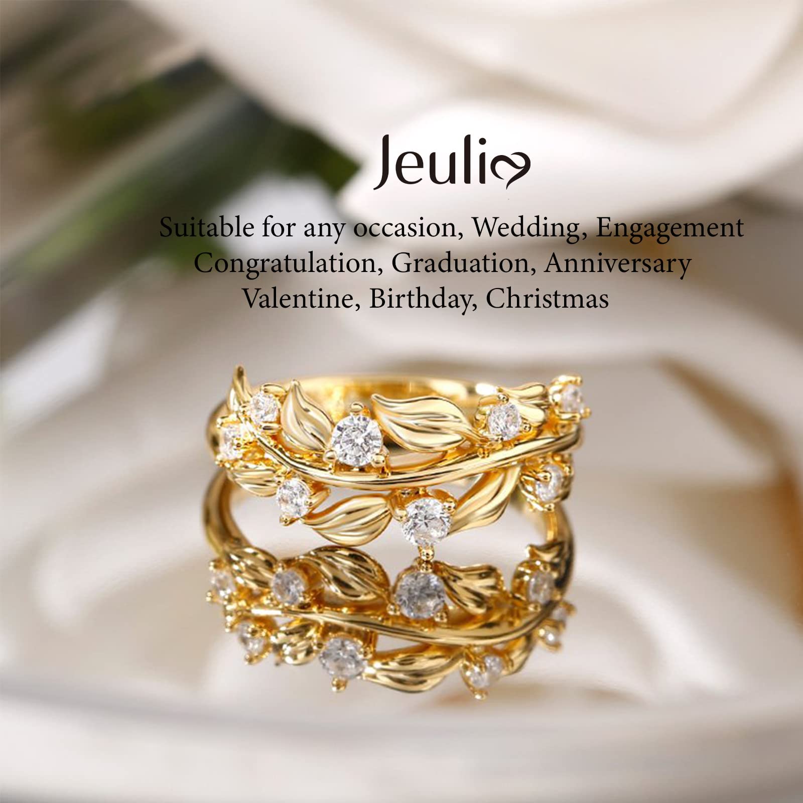 Jeulia Sterling Silver Olive Branch Band Ring for Women - Round Cut Leaf Promise Ring, Gold Tone Diamond Nature Wedding Band, Anniversary & Engagement Jewelry with Gift Box - Perfect for Romantic Gifts & Special Occasions