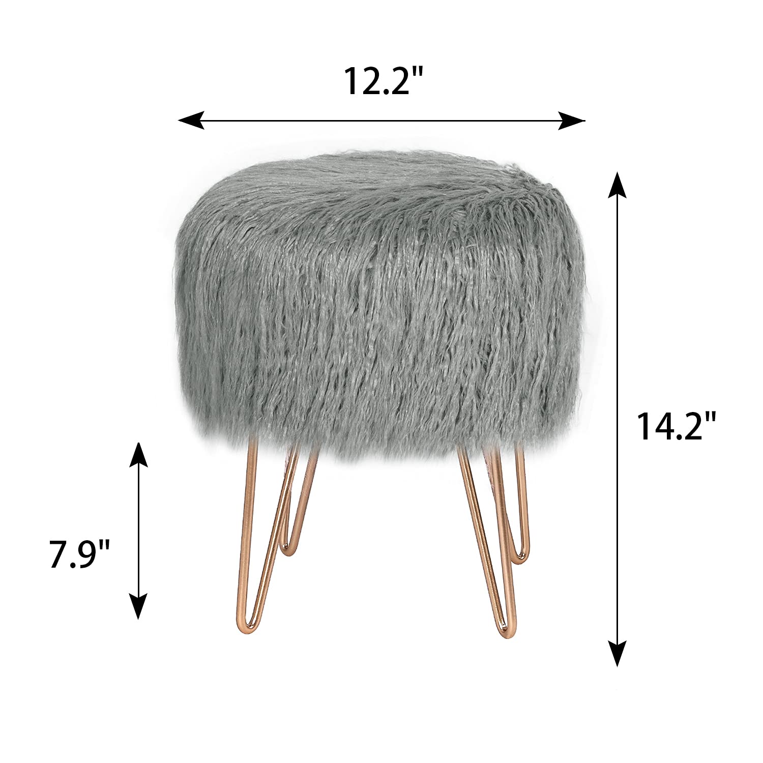Gray Faux Fur Round Ottoman with Metal Legs - Soft Footrest Stool for Bedroom, Living Room & Nursery | Perfect for Lounging, Reading Nook & Home Decor