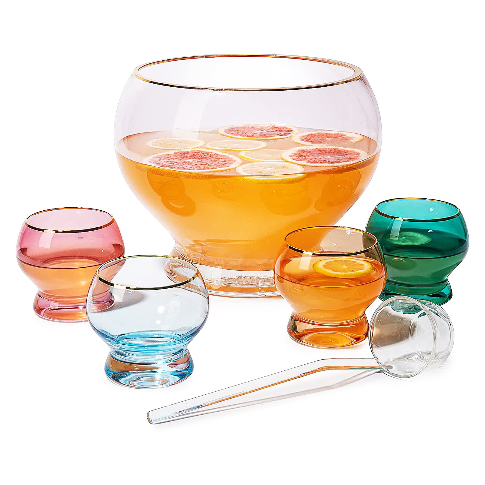 Vibrant 1.7 Gallon Punch Bowl Set with 4 10oz Glasses & Ladle - Perfect for Margaritas, Cocktails, Juice & Punch - Ideal Gift for Mother's Day, Wife, Mom & Friends - Great for Parties, Weddings & Holiday Gatherings