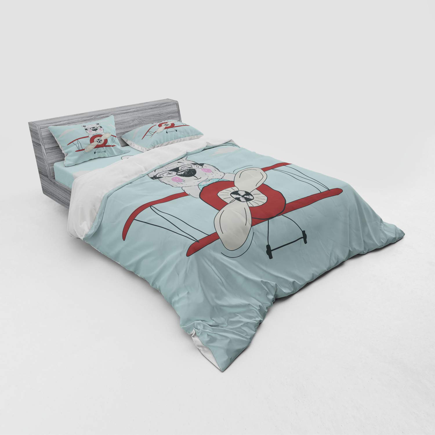 Ambesonne Cartoon Duvet Cover Set - Hand Drawn Pilot Bear Flying Airplane in Sky, 3-Piece Queen Size Bedding Set with Pillow Sham & Fitted Sheet (Pale Blue/Cream/Ruby) - Perfect for Kids' Rooms, Themed Bedrooms & Funny Gift Ideas