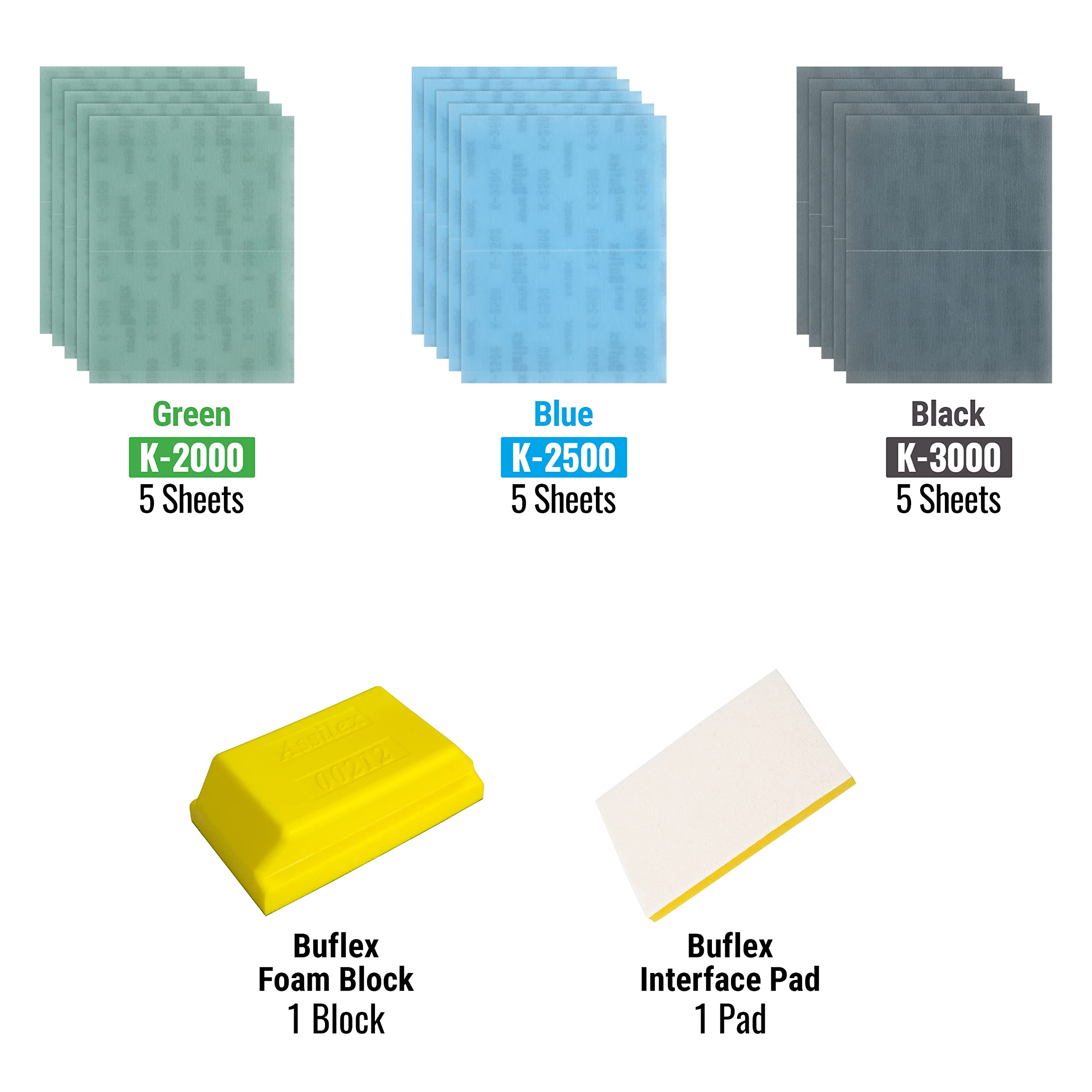 Super Buflex Flexible Polishing Sheets Starter Kit (15 Sheets) with Interface Pad & Hand Block - SP19160, K2000-K3000 Grit for Car Detailing, Woodworking & Metal Polishing