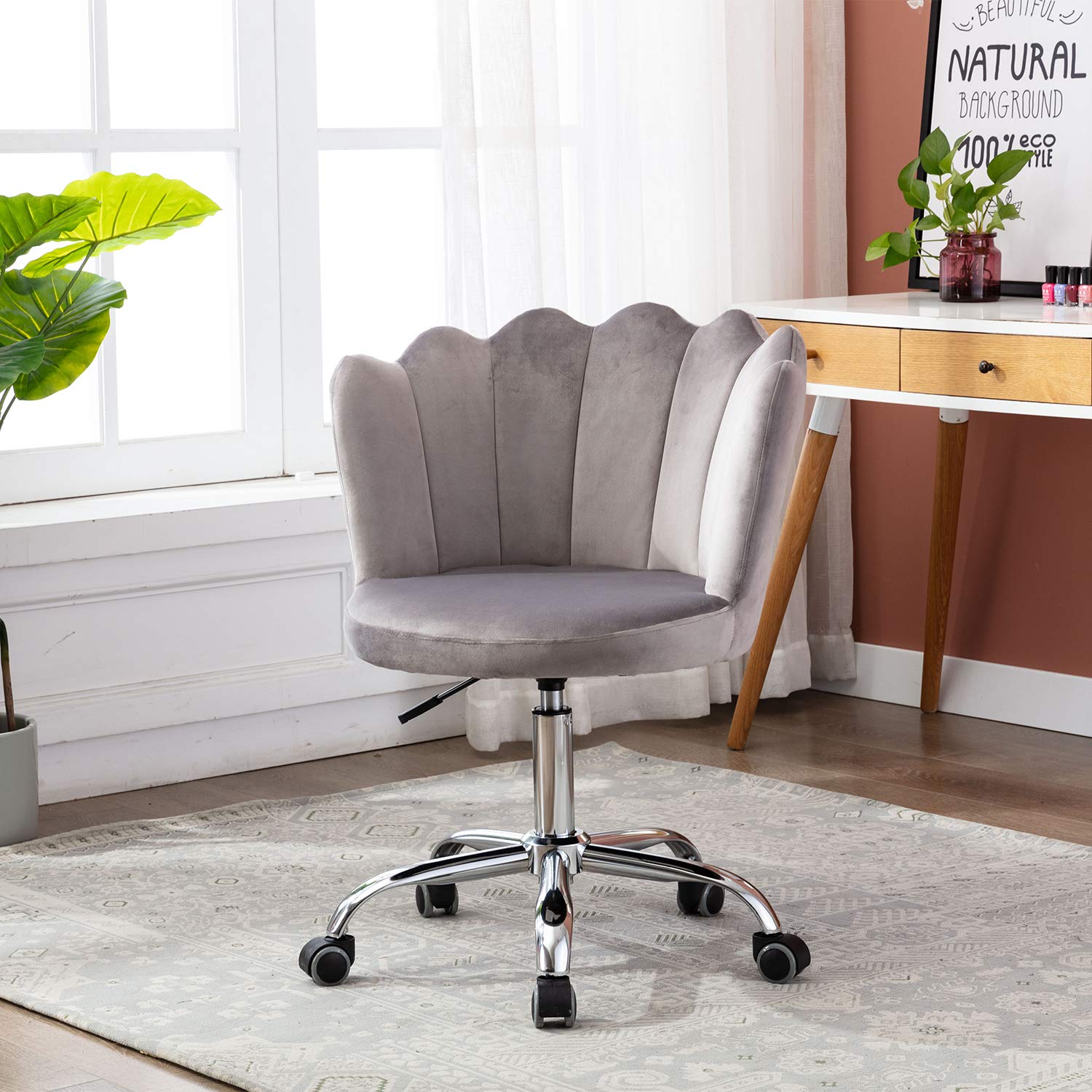 Velvet Desk Chair with Wheels - Modern Swivel Height Adjustable Office Chair, Upholstered Task Chair for Home Office, Living Room, Study & Vanity (Gray) - Perfect for Work, Gaming & Relaxation