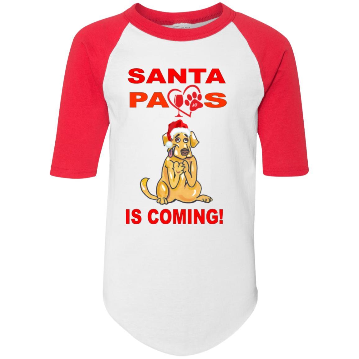 Santa Paws Is Coming - Youth Colorblock Raglan Jersey for Dogs | Christmas Pet Apparel | Holiday Photo Outfits & Festive Dress Up