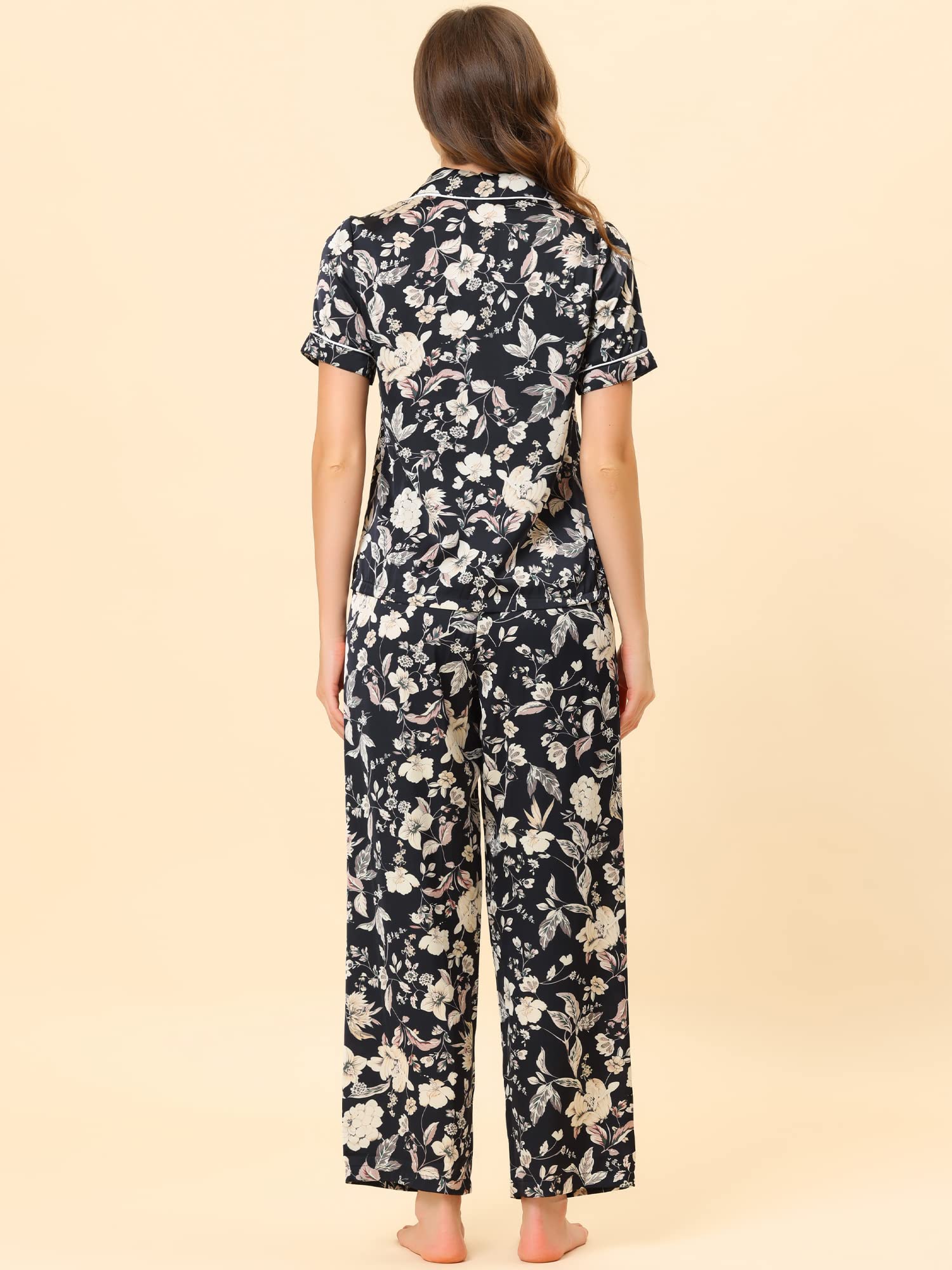 Cheibear Women's Satin Floral Summer Pajama Set - Short Sleeve Button Down Top & Lounge Pants for Sleepwear, Loungewear & Vacation Comfort