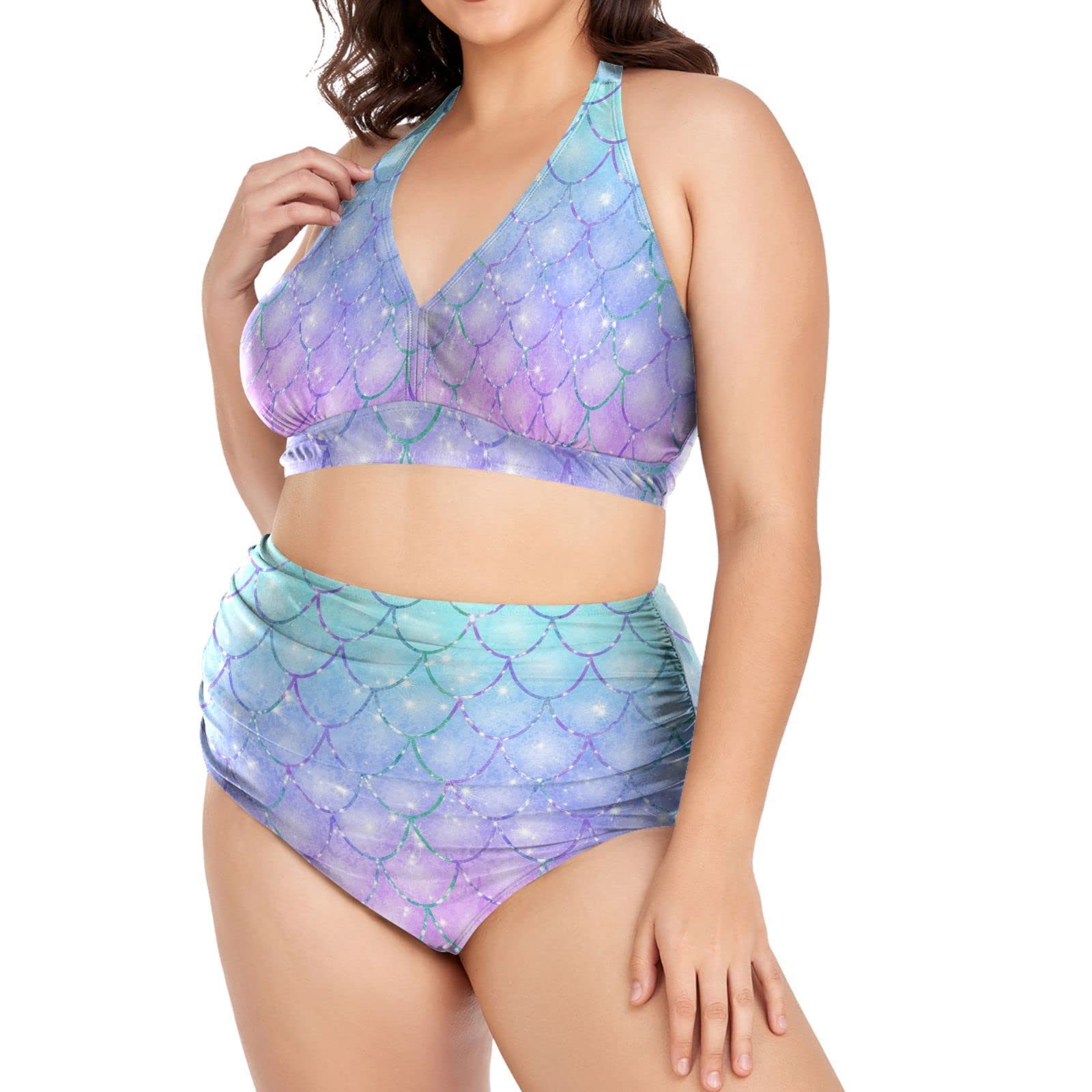 Plus Size Swimsuits for Women - Rainbow Mermaid Scale Bikini Set with High Waisted Tummy Control | Sexy Bathing Suits for Beach, Pool & Vacation