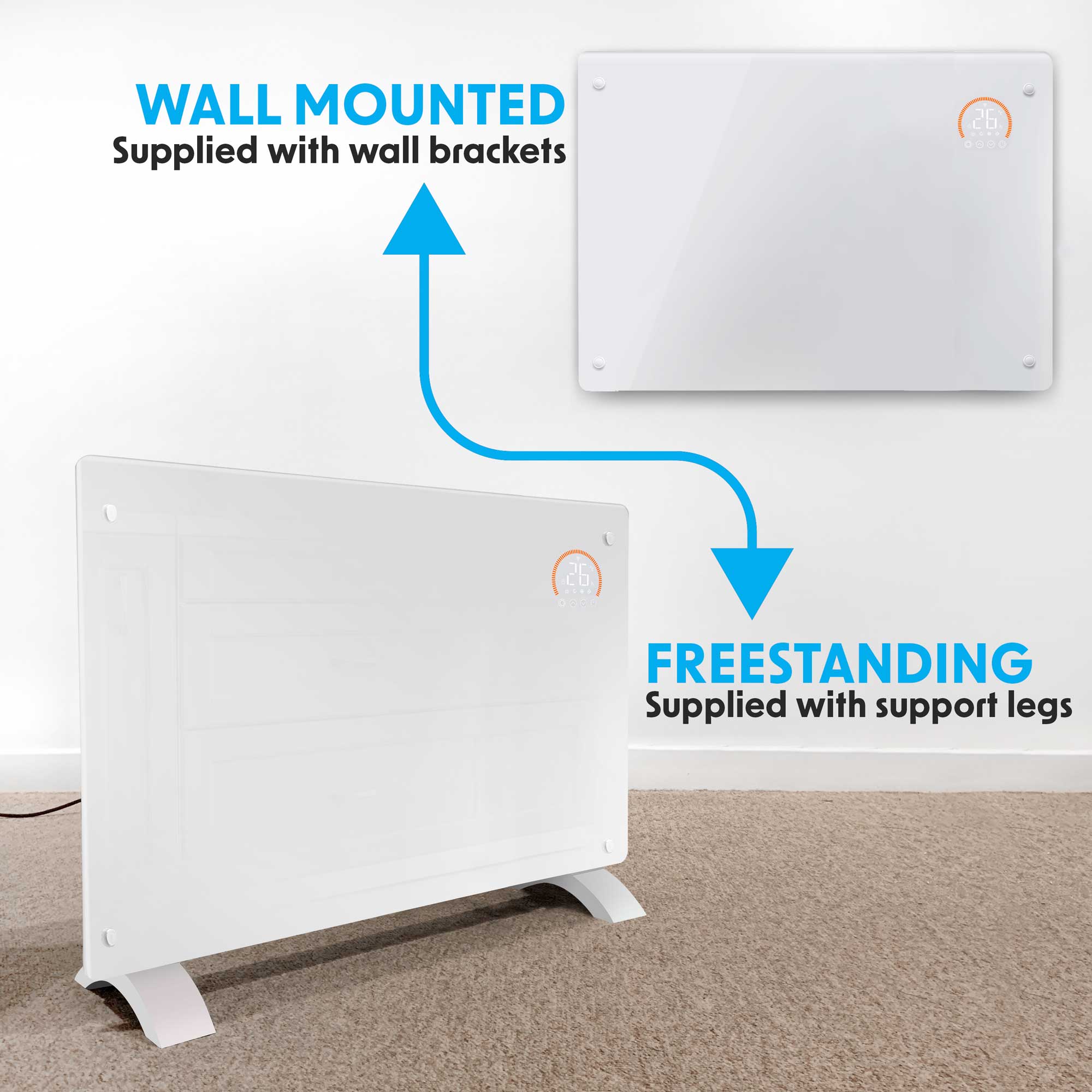 Baridi 2000W Smart WiFi Electric Glass Panel Heater with 24/7 Timer & Remote Control - White DH140 - Perfect for Bedroom, Office & Home Heating