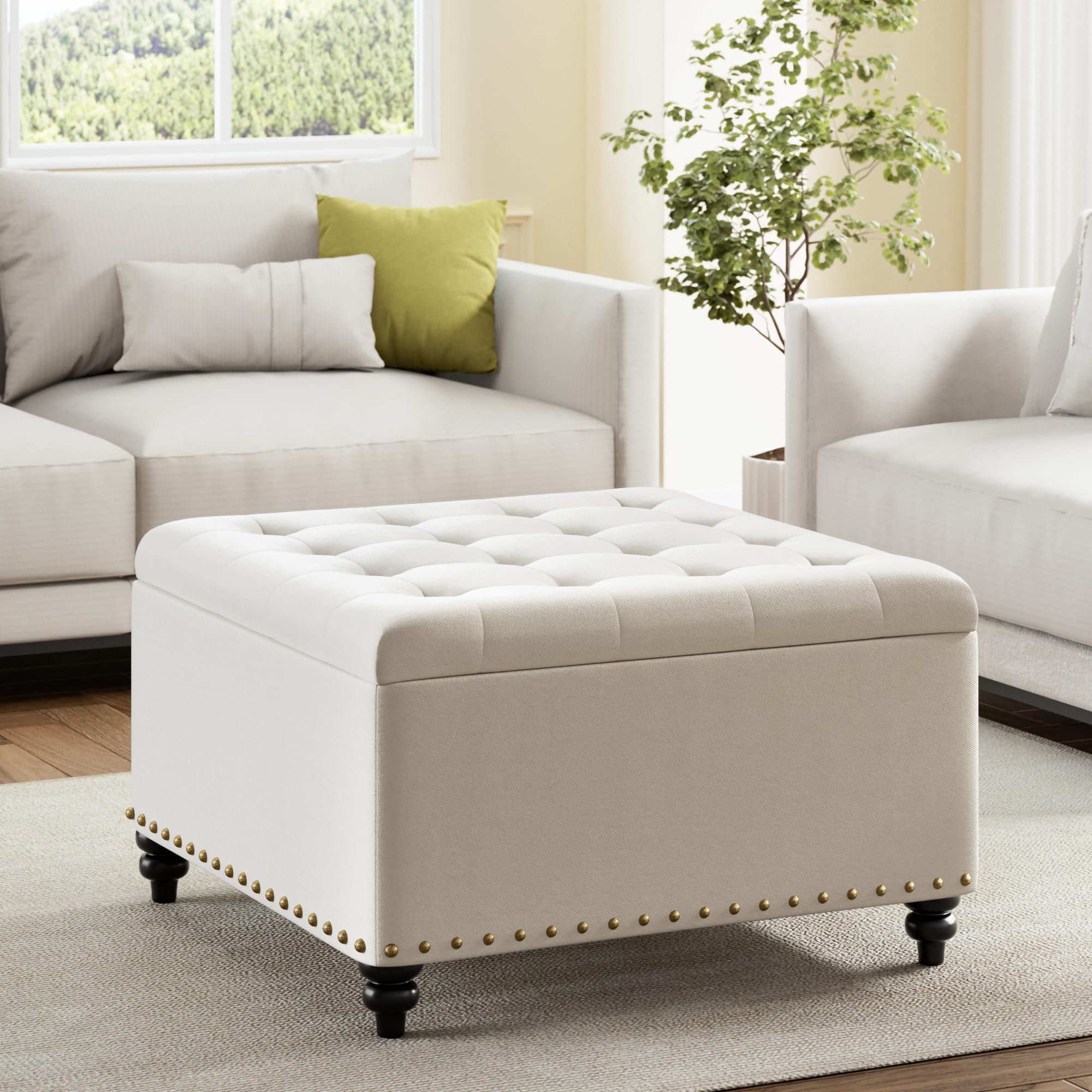 HUIMO Square Storage Ottoman - Multifunctional Coffee Table with Hidden Storage for Living Room, Bedroom, or Office (Beige) - Perfect for Extra Seating, Footrest, and Home Organization