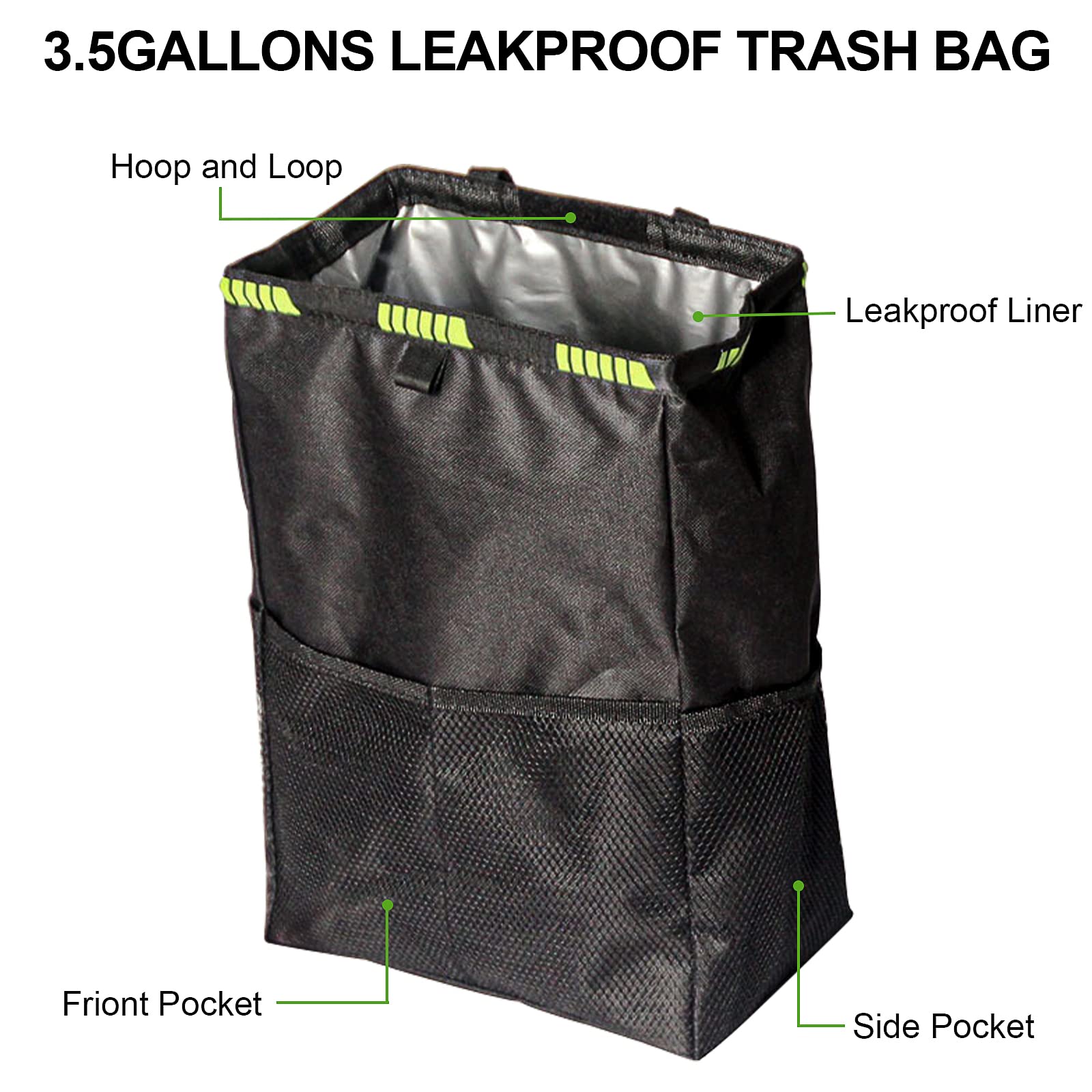 Car Trash Can with Leakproof Lining - 3.5 Gallon Hanging Car Trash Bag Organizer | Adjustable Straps & Spring Frame Closure for Car Interior Storage | Perfect for Road Trips, Commuting & Family Travel