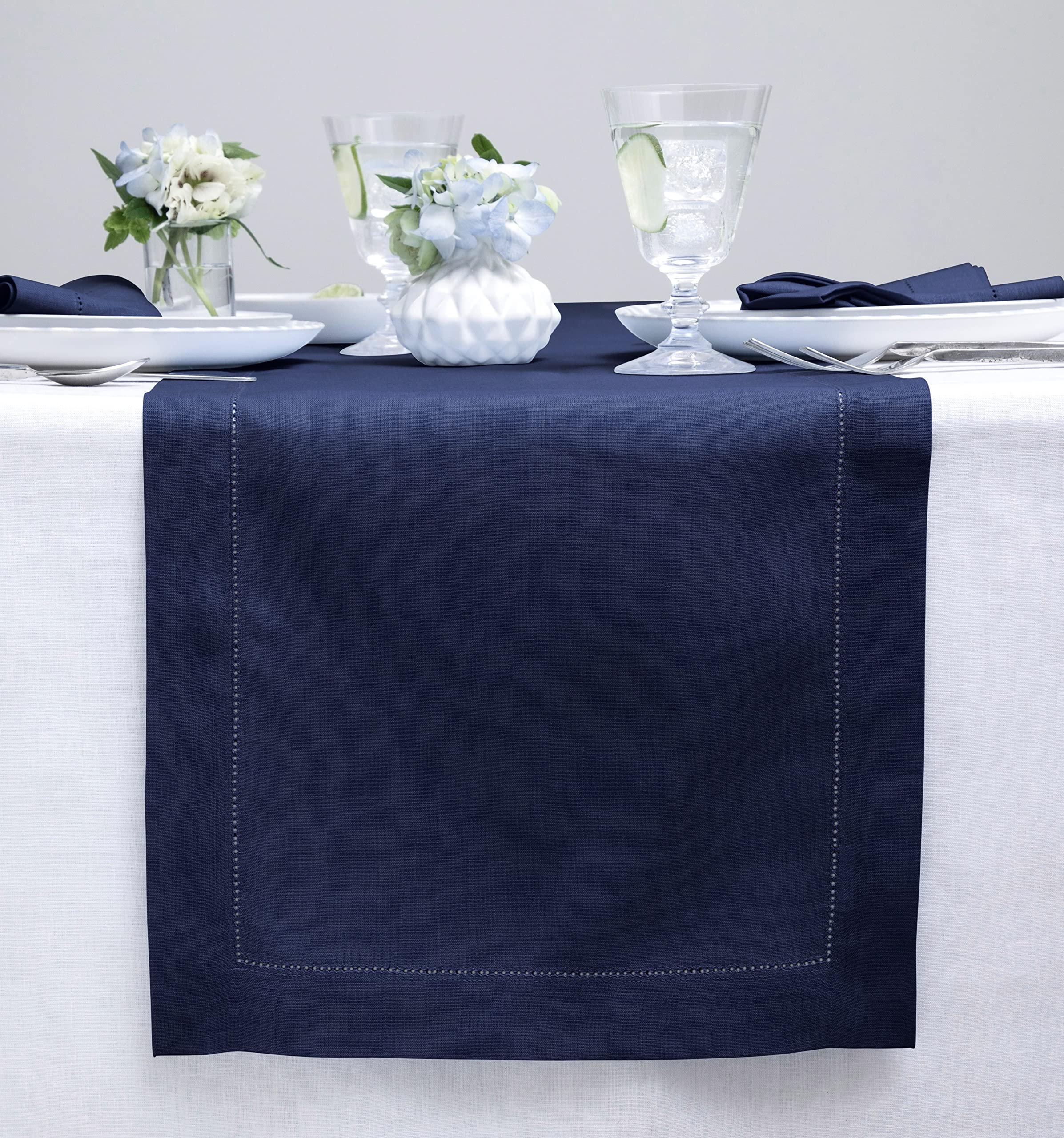 Solino Home 100% Pure Linen Table Runner 16 x 108 Inches - Classic Hemstitch Navy Blue Dining Tablecloth for Wedding, Party & Holiday Decor (Easter, Mother's Day, Spring) - Elegant Table Setting for Formal Dinners & Special Occasions