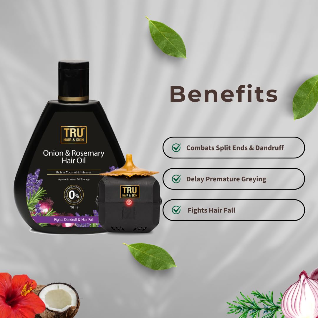 TRU HAIR & SKIN Onion & Rosemary Hair Growth Oil - 100% Pure Natural Treatment for Hair Loss & Thinning Hair - 110ml with Free Hair Heater | Perfect for Daily Scalp Massage & Overnight Hair Care