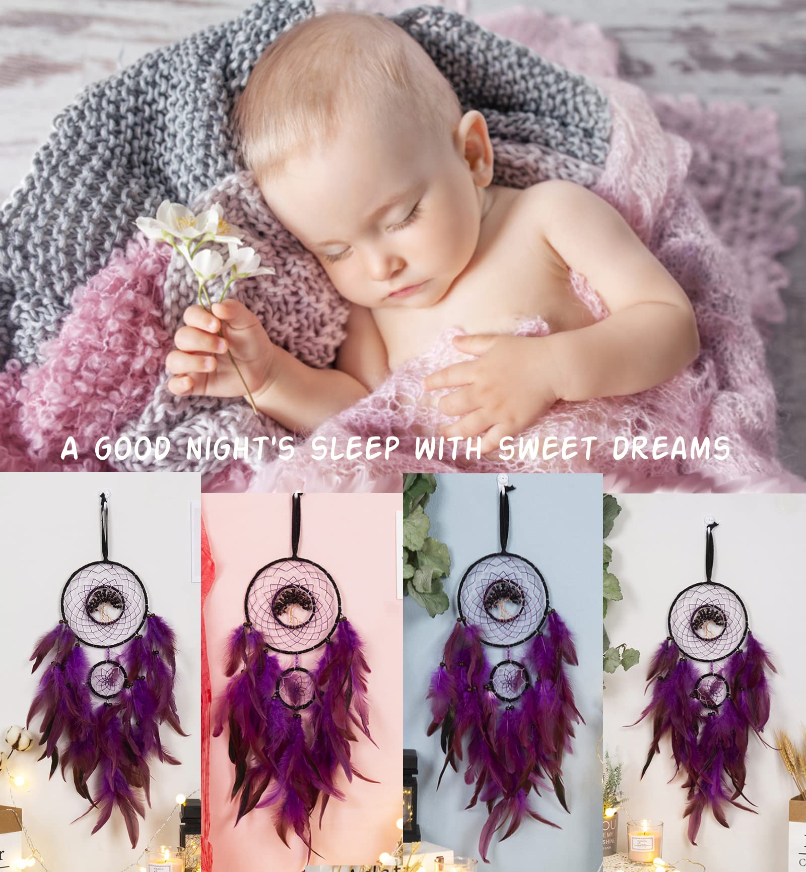 Purple Dream Catcher for Kids & Adults - Tree of Life Crystal Feather Wall Hanging for Bedroom Decor, Teen Room & Native American Style Home Accessories | Perfect for Nursery, Dorm Room & Spiritual Gifts