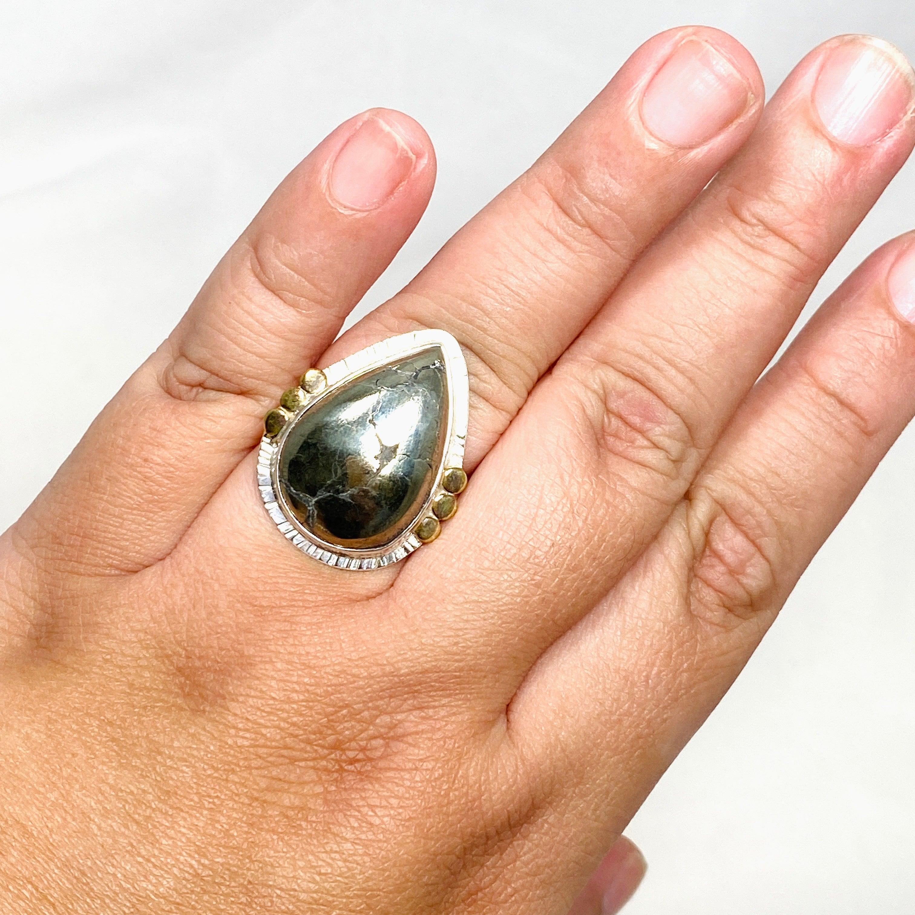Healer's Gold Teardrop Ring with Brass Accents - Size 10 - KRGJ3197 - Perfect for Spiritual Healing, Meditation & Boho Fashion