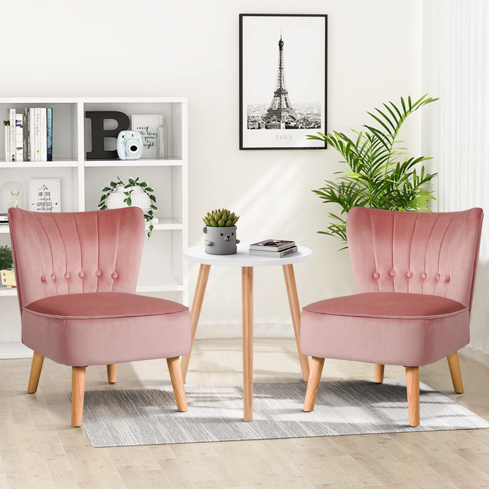 SAFSTAR Armless Accent Chair - Modern Wingback Velvet Sofa Chair with Sturdy Rubber Wood Legs & Plush Padded Seat, Upholstered Lounge Chair for Living Room, Bedroom, Office or Coffee Shop - Perfect for Relaxing, Reading & Entertaining Guests (Pink)