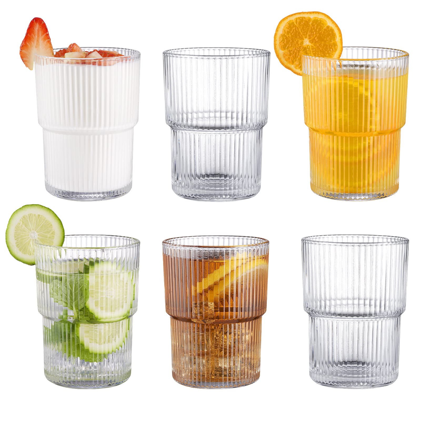 14 Oz Ribbed Drinking Glasses Set of 6 - Vintage Ripple Glass Cups for Iced Coffee, Cocktails & Water | Durable Fluted Glassware for Home Bar, Restaurant & Party Use