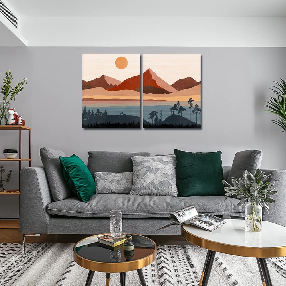Boho Print Mid Century Minimalist Art Prints - Sunset Landscape Wall Art, Modern Abstract Canvas for Living Room, Bedroom & Kids Room Decor - Set of 2 Framed Posters (24x36 inches) - Perfect for Home, Office & Gift Giving