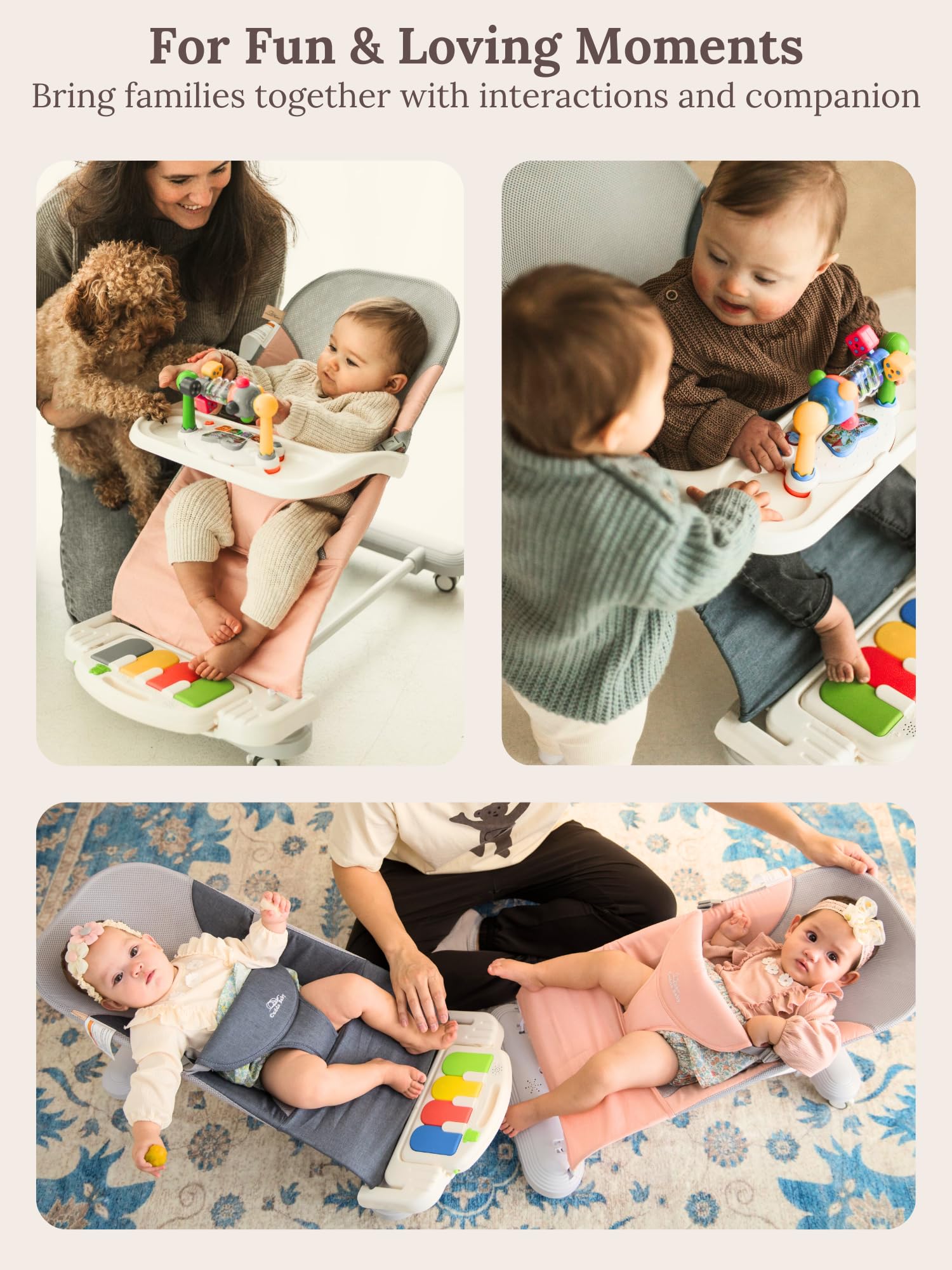 CuddoBaby 4-in-1 Baby Bouncer with Wheels - Detachable Piano, Feeding Tray & Play Bar - Thick Base & 3-Level Recline - Portable Infant Seat for Newborn to Toddler (0-24 Months, Up to 29Lbs) - Blue - Perfect for Playtime, Feeding & Napping at Home or Travel